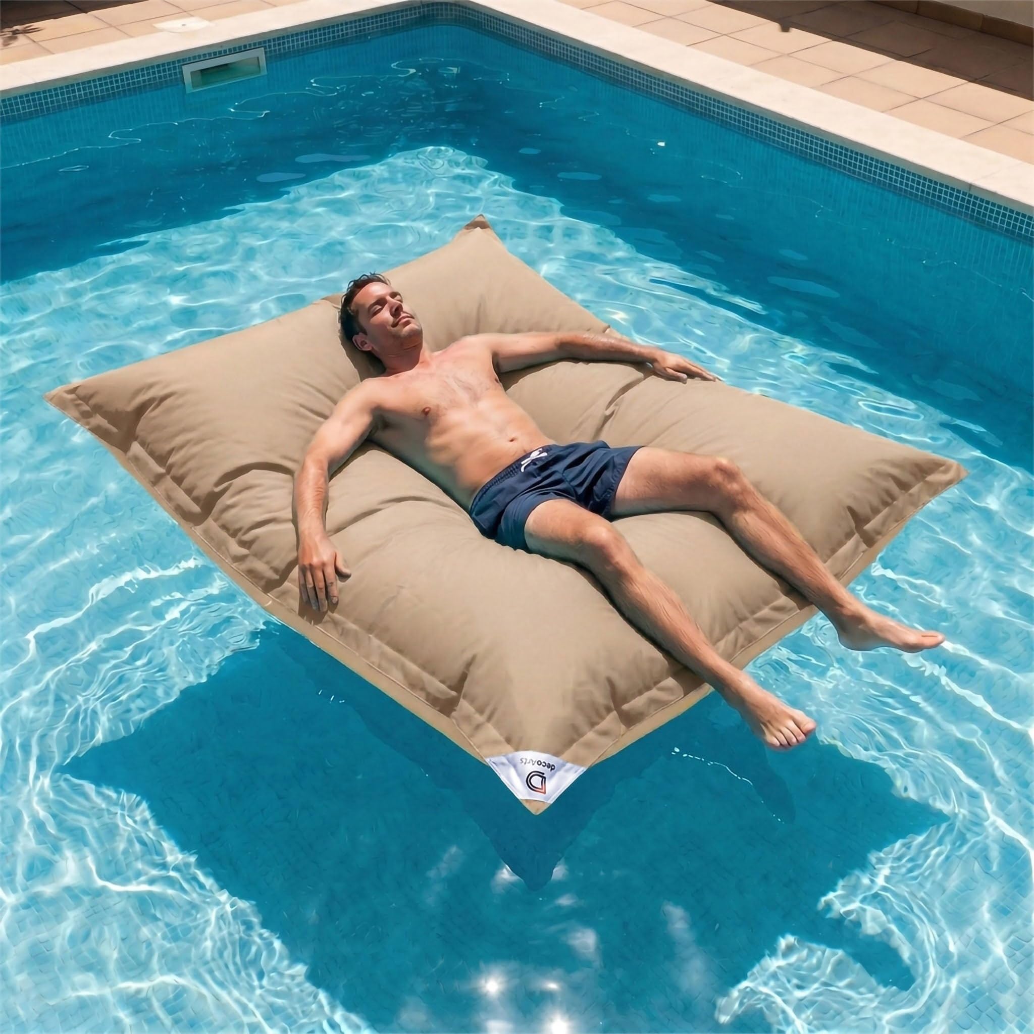 Pouf da Esterno Gigante XXL 180x140cm Imbottito (Non Gonfiabile) Galleggiante Piscina - Pouf Giardino Impermeabile Sfoderabile - Riempimento 450L Palline Polistirolo - Beige