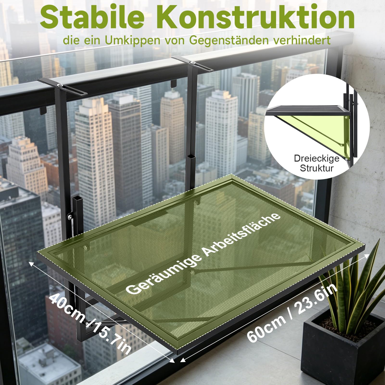 papasbox Table de balcon pliable - 60 x 40 cm - Réglable en hauteur sur 5 niveaux - Table suspendue pour balcon et terrasse