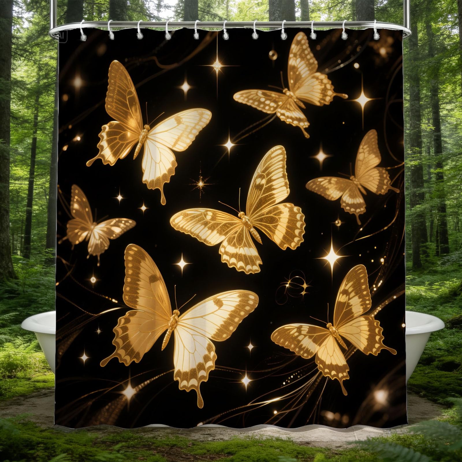 Hongduo 3D Black Gold Butterfly Shower Curtain for Stalls Bathtubs Starlight Bathroom Decor Shower Curtain Set Polyester Fabric Waterproof 200x200cm/79X79 Inch with Hooks