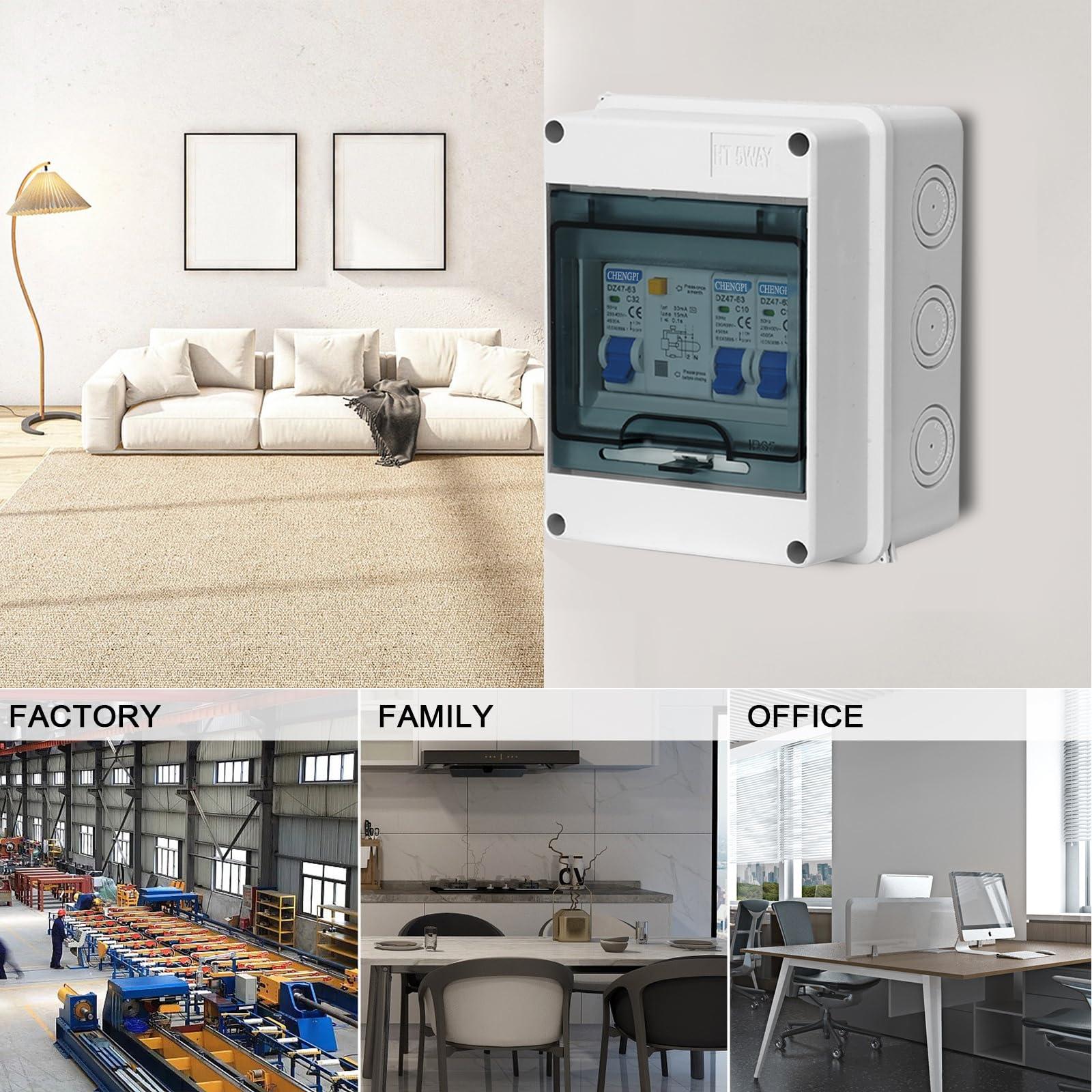 Boîte Coffret Electrique Etanche,Boîtier de Distribution avec Rangée de Cuivre,Disjoncteurs électriques 40A CA,Sectionneur 10A+16A CA pour Maison/Bureau,Montage sur Rail 35mm