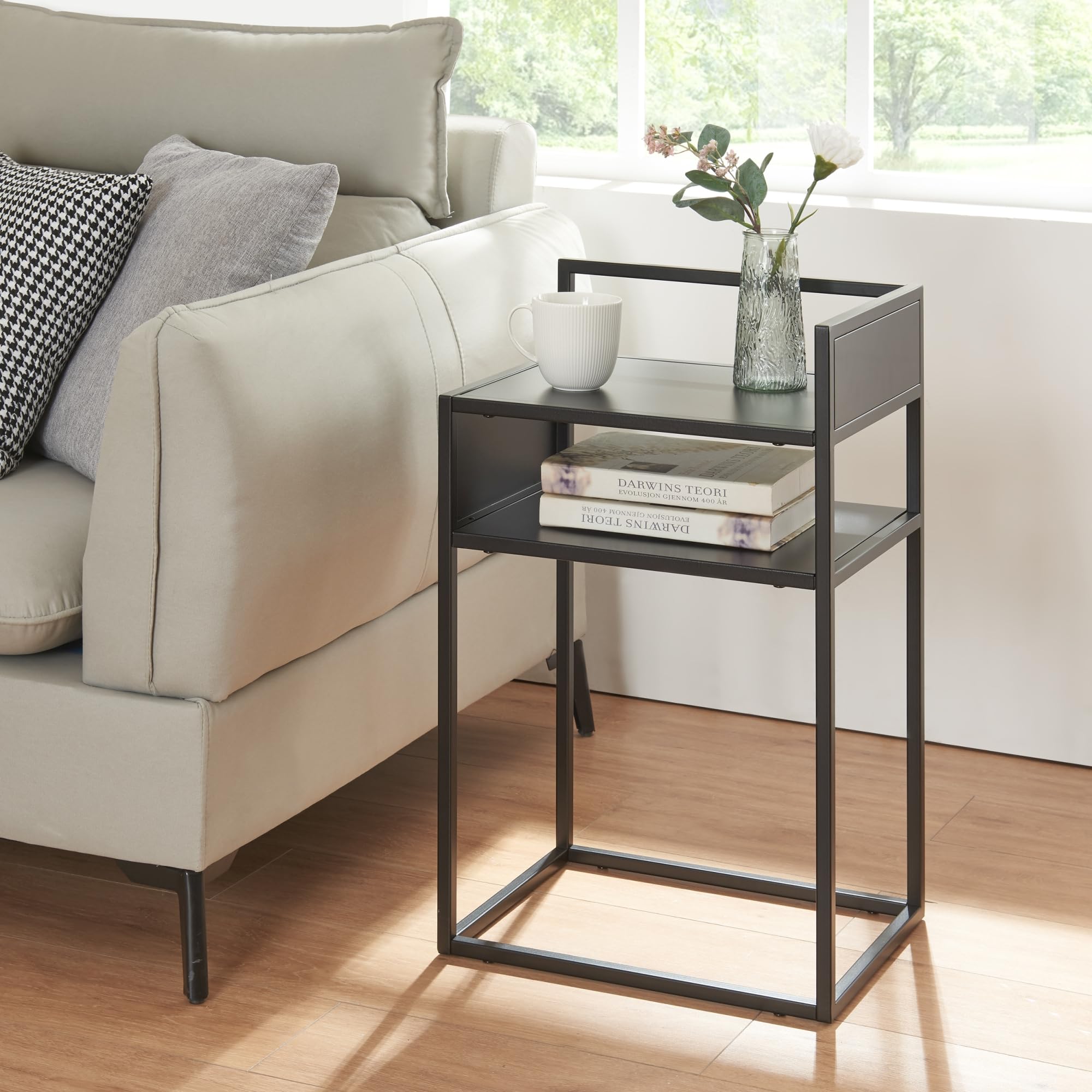 [en.casa] Beistelltisch Riihimäki Wohnzimmertisch mit Ablagefach Couchtisch Ablagetisch Schwarz matt Nachttisch Metall Sofatisch 65 x 40 x 30 cm
