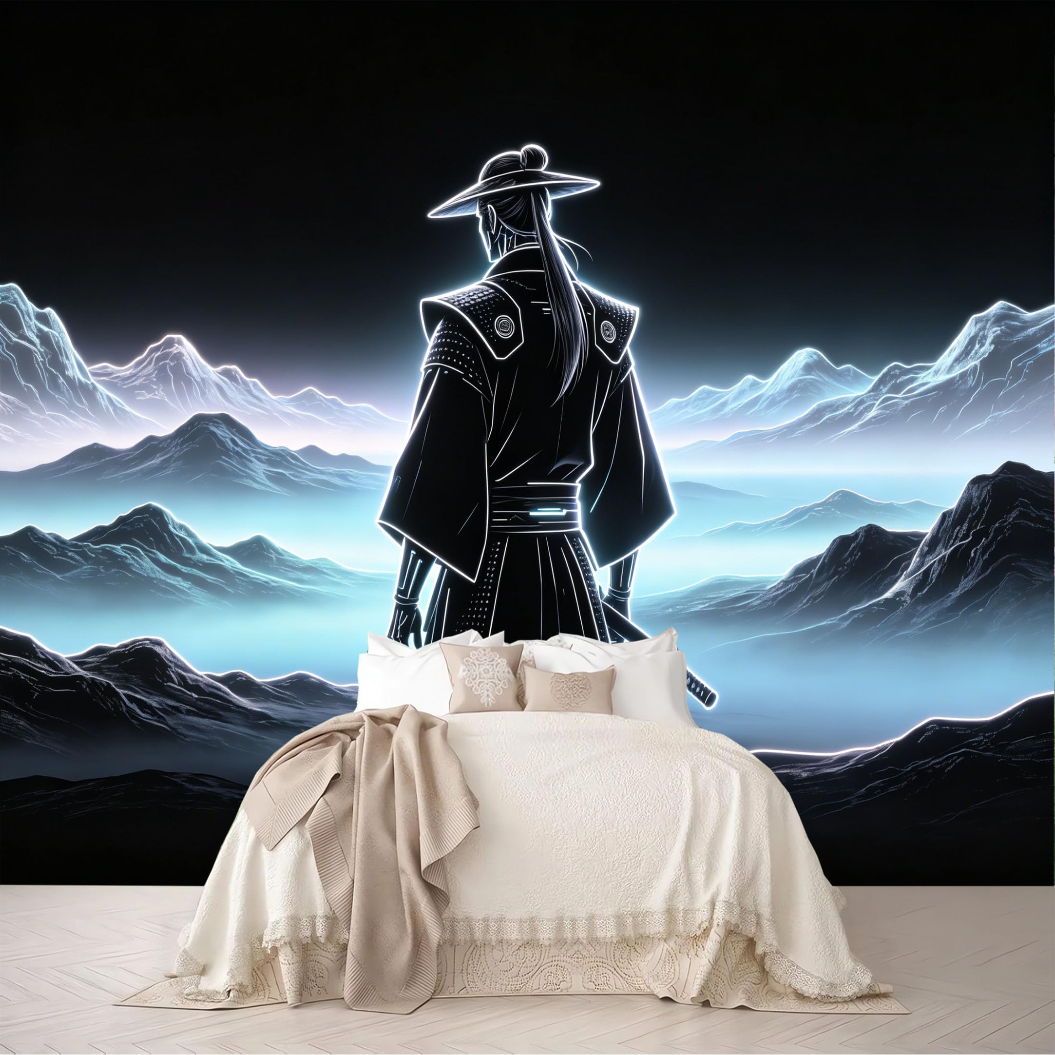 Dskjoviality Ab260706060 Custom Size Wall Mural Neon Outline Samurai Misty Mountain Back View Removable Self Adhesive Peel And Stick Wallpaper For Bedroom Living Room