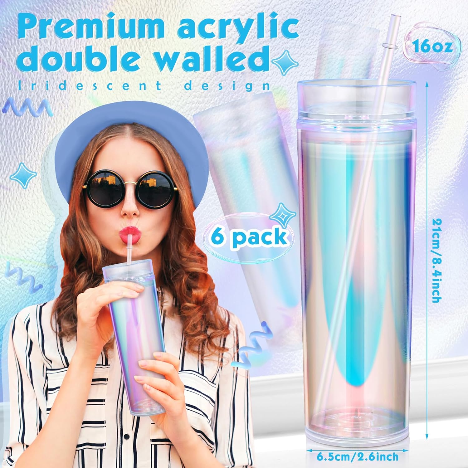 6 Pack Iridescent Skinny Plastic Tumbler with Straw Iridescent Insulated Coffee Mug with Lids and Straws for Bachelorette Party Gifts Disco Birthday Wedding (16 oz)