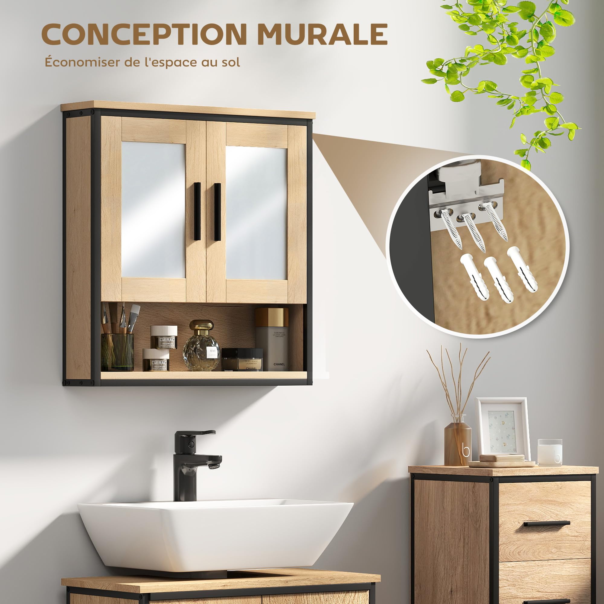 HOMCOM Armoire Murale Salle de Bain avec Miroir, Meuble Salle de Bain, Armoire de Toilette avec Compartiment Ouvert et étagère réglable, chêne