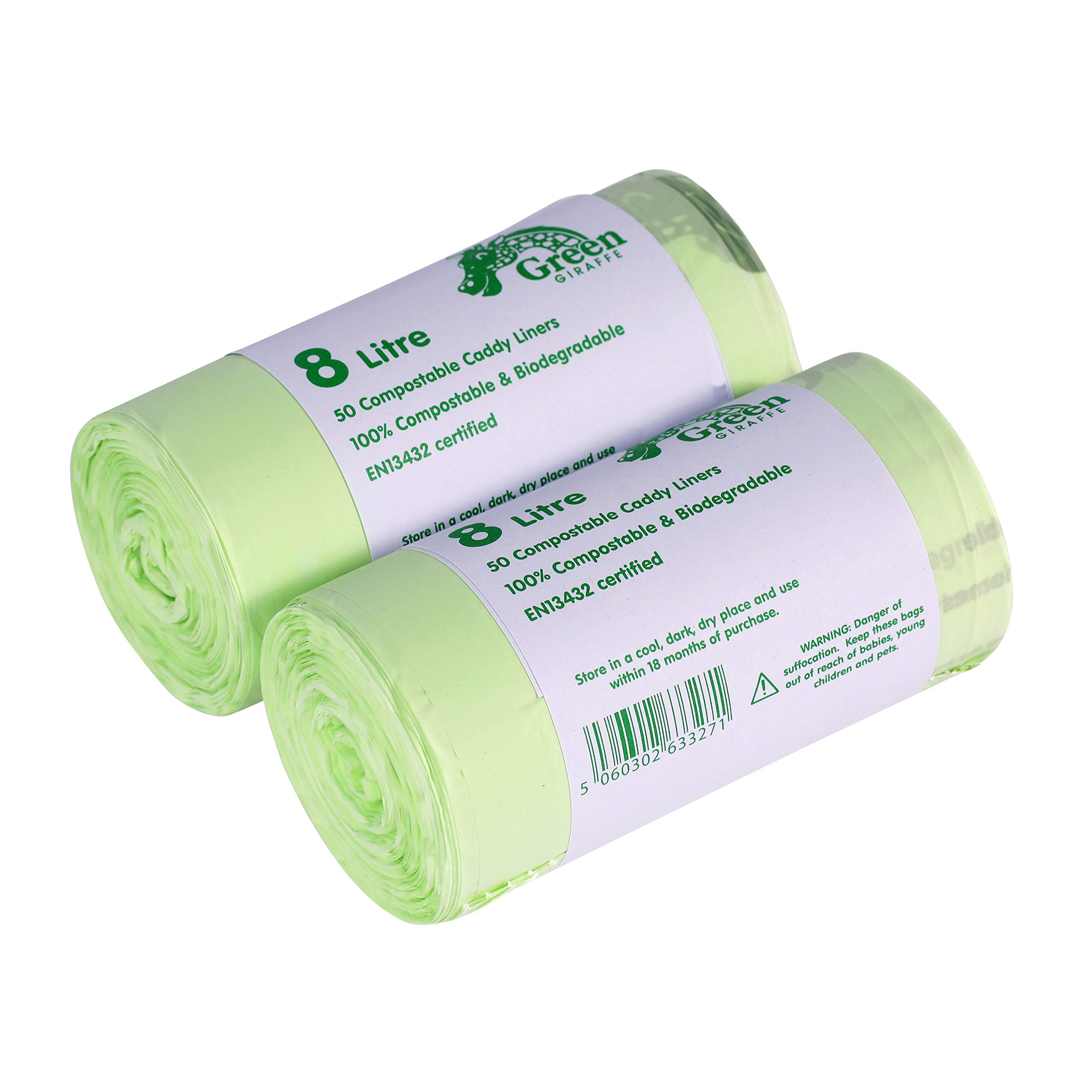 All-Green Green Giraffe 100 X 8L Compostable Caddy Liners - Food Waste Bin Bags - 2 Rolls
