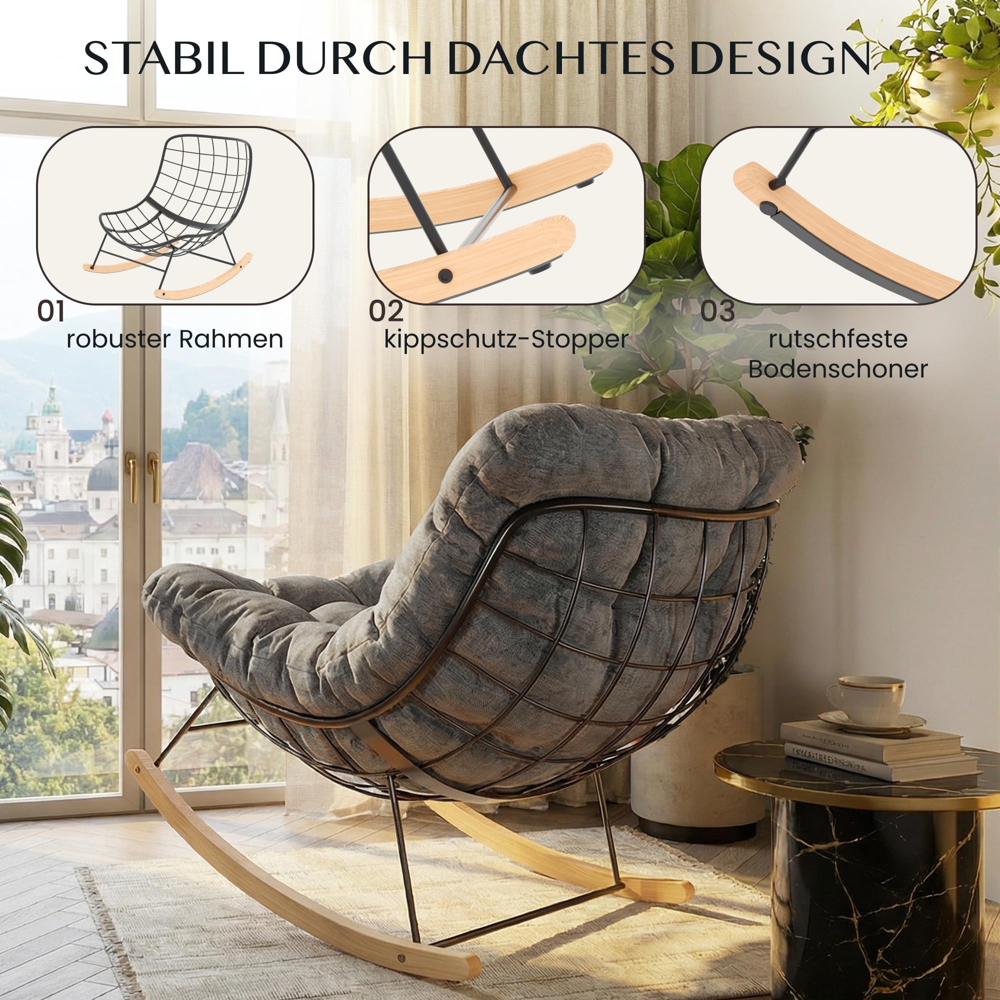 FLEXISPOT Schaukelstuhl Garten, Schwingsessel mit Kopfkissen, wasserfester Bezug, gepolsterter Relaxstuhl bis 159 kg, für Wohnzimmer, Schlafzimmer, Balkon, Grau