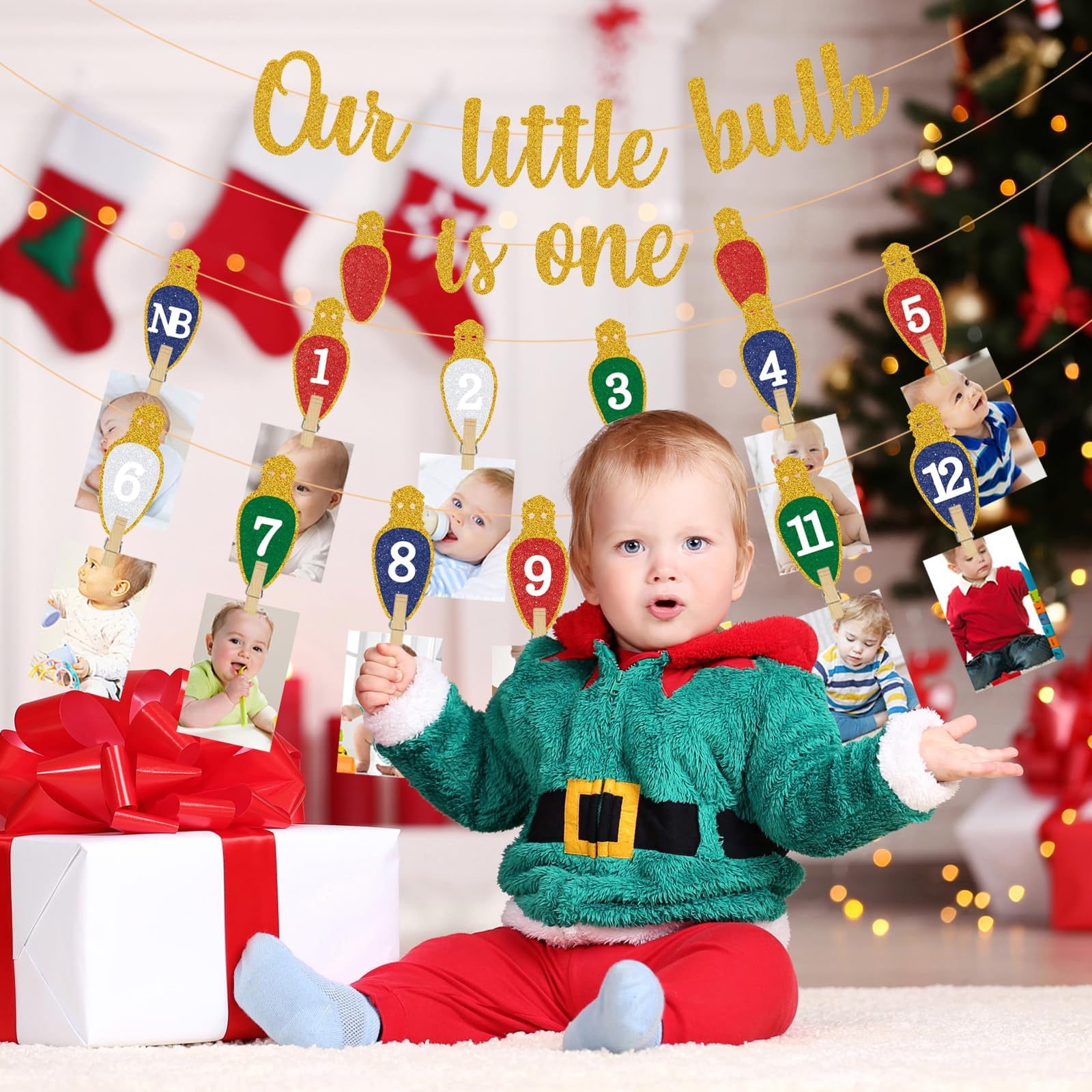 Weihnachts-Leuchtmittel zum 1. Geburtstag, Foto-Banner – Meilenstein-Foto-Girlande für Neugeborene bis 12 Monate – Partyzubehör für Jungen oder Mädchen