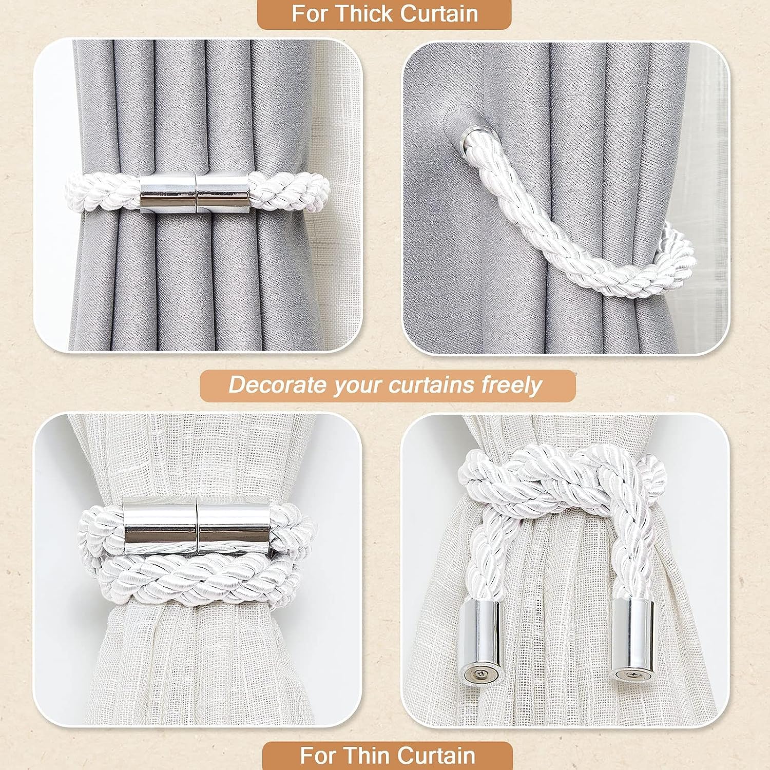 VRT Strong Magnetic Curtain Tiebacks Modern Simple Style Drape Tie Backs Convenient Decorative Weave Rope Curtain Holdbacks for Thin or Thick Home & Office Window Draperies (1 Pair, Silver White) — Amazon image 2