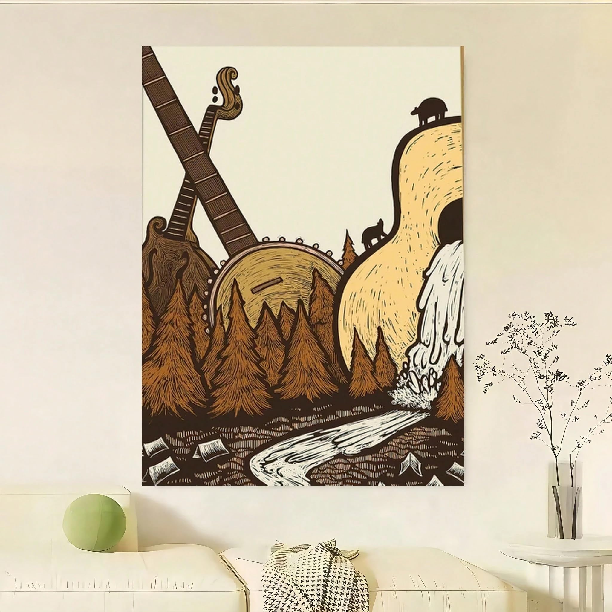 LYBCEOUG Quadro su tela con chitarra e paesaggio naturale a tema musica country (50x70 cm/con cornice)