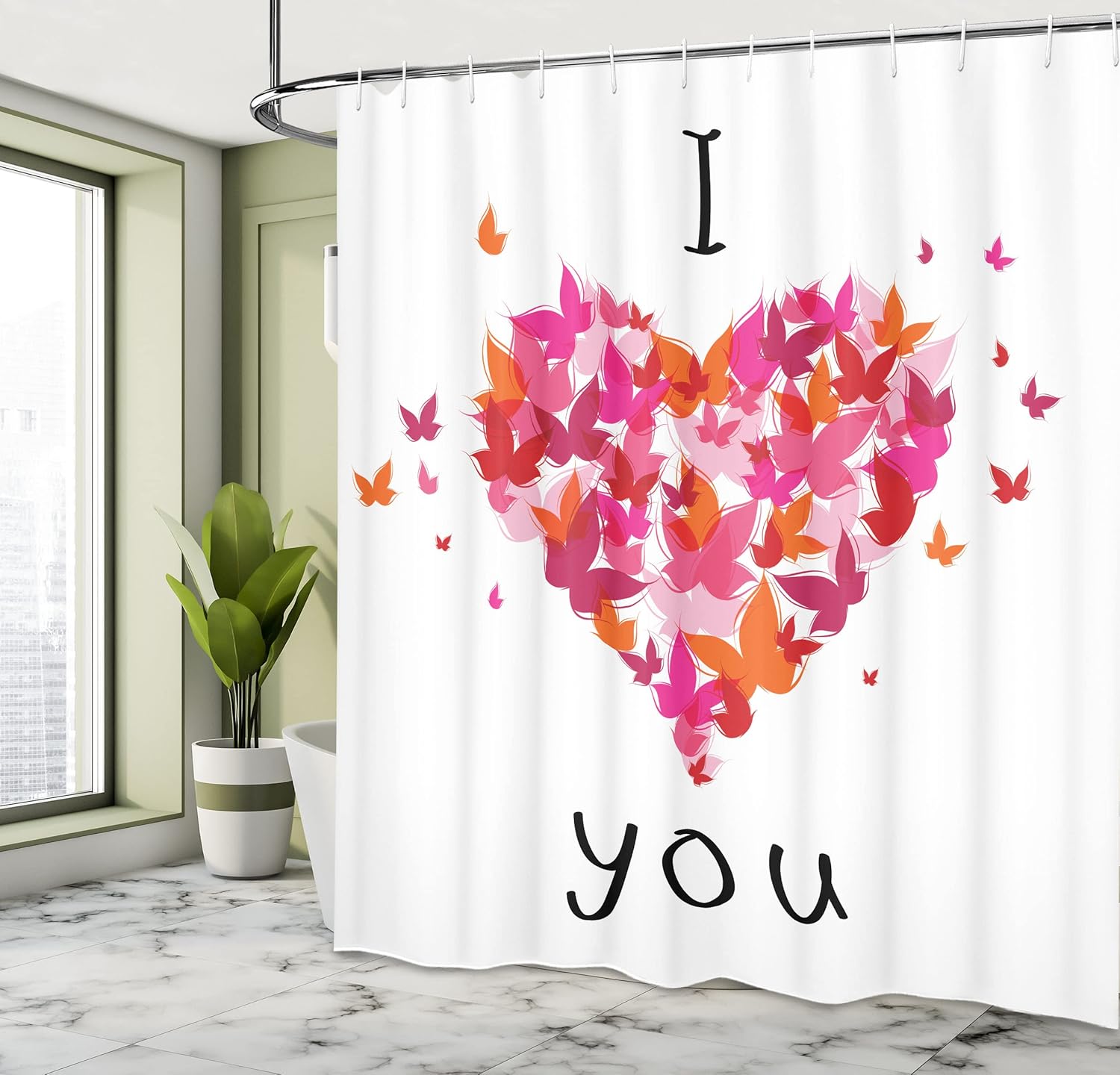Ambesonne Love Shower Curtain, Heart Filled Butterflies Soul Mate Real True Deep My Dear Illustration, Cloth Fabric Bathroom Decor Set with Hooks, 69" W x 70" L, White Black Dark Pink