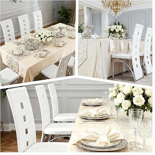 Miniatura 3 de Juego de 4 sillas de comedor blancas, modernas sillas de comedor tapizadas de piel sintética con patas de metal plateado, respaldo alto sin brazos