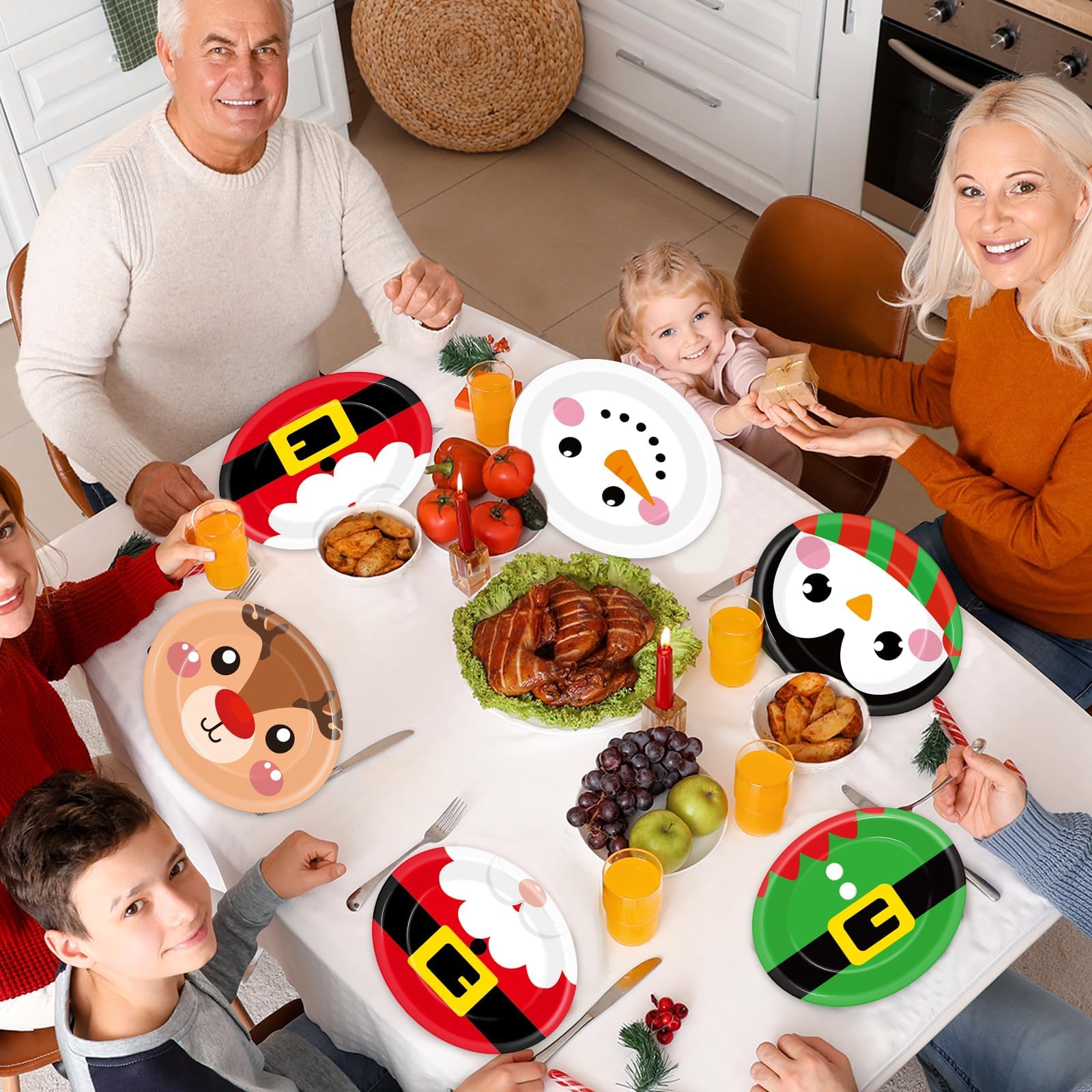 Wiooffen Lot de 100 grandes assiettes ovales jetables en carton de Noël - 30,5 cm - Motif Père Noël - Bonhomme de neige - Décorations de fête pour Noël - Fournitures de table