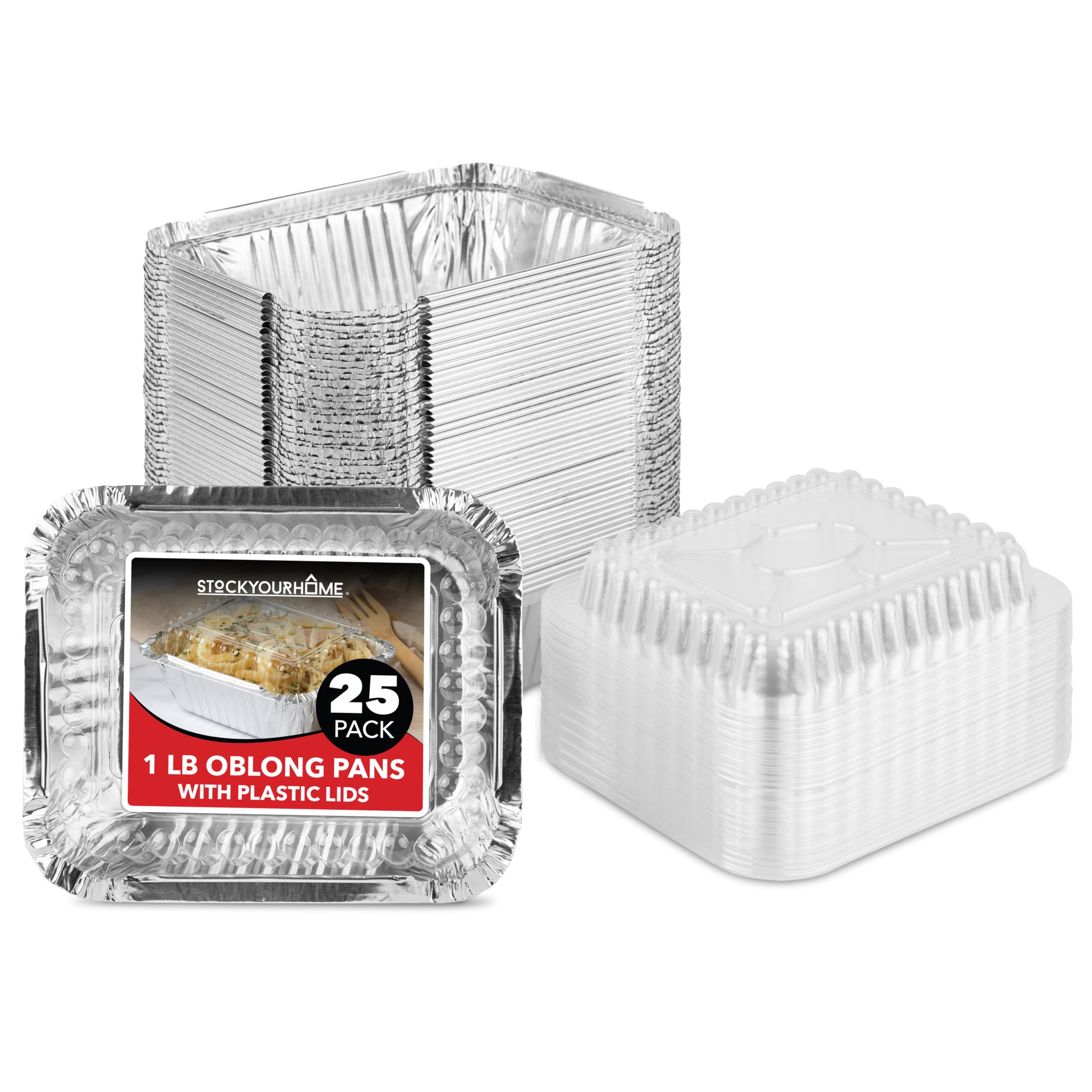 Stock Your Home 1 lb Small Aluminum Pans with Lids (25 Pack), Foil Pans with Clear Plastic Lids, Disposable Cookware & Takeout Trays for Restaurants &