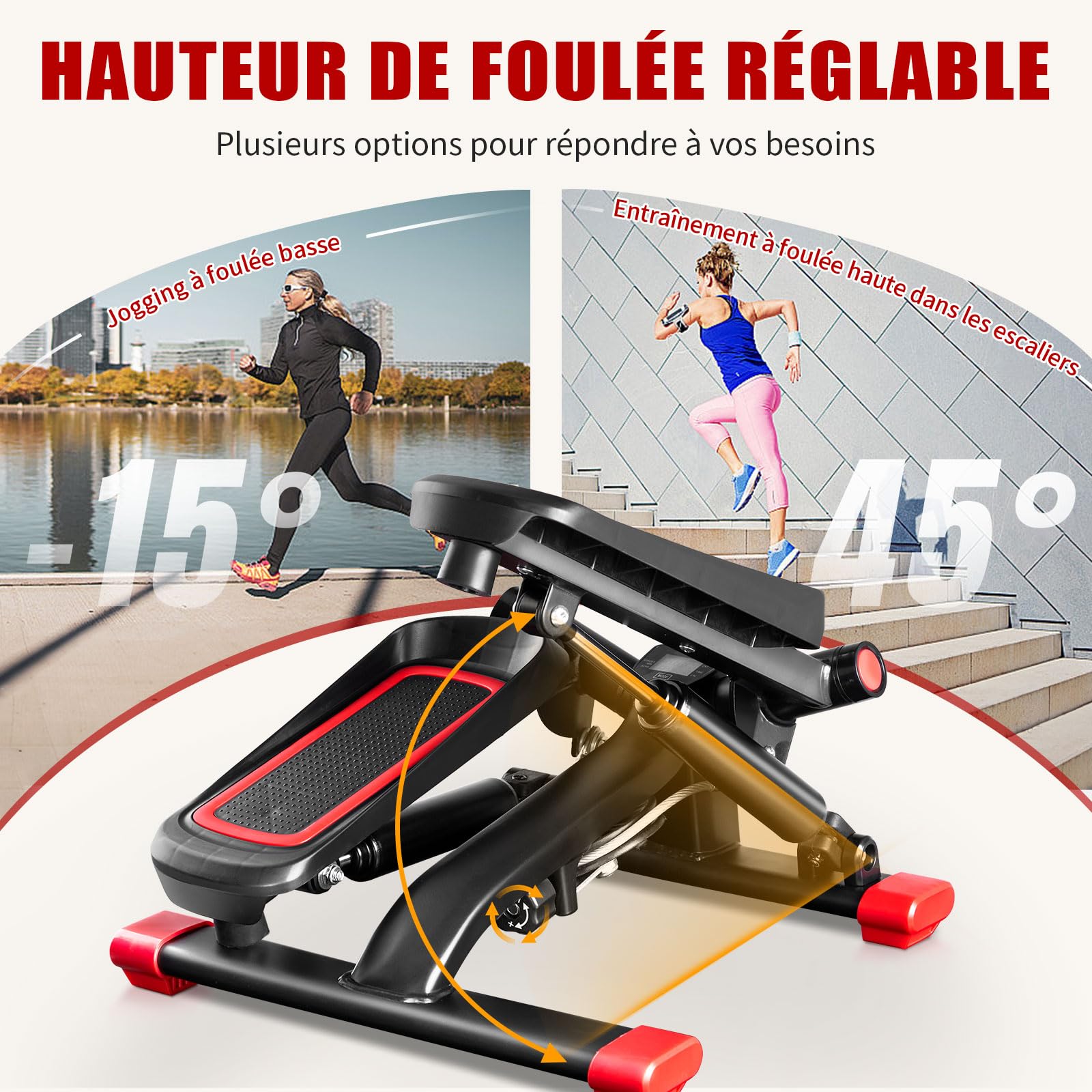 LEADZM Mini Stepper avec Coussinet Silencieux, Stepper de Fitness 2 en 1 avec Bandes de Résistance, Écran LCD, Compteur de Calories, pour L'entraînement des Jambes et des Bras Fessiers, Noir et Rouge