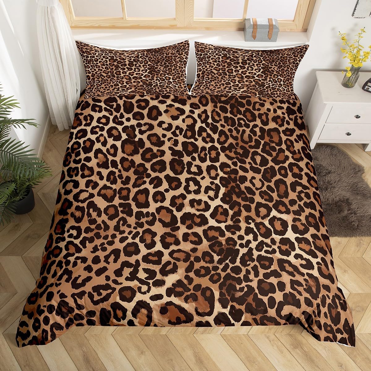 Erosebridal Leopard Print Comforter Cover Queen Cheetah Bedding Set Geometric Duvet Cover African Safari Animal Quilt Cover for Kid Boy Men Room Decorative Ultra Soft Breathable