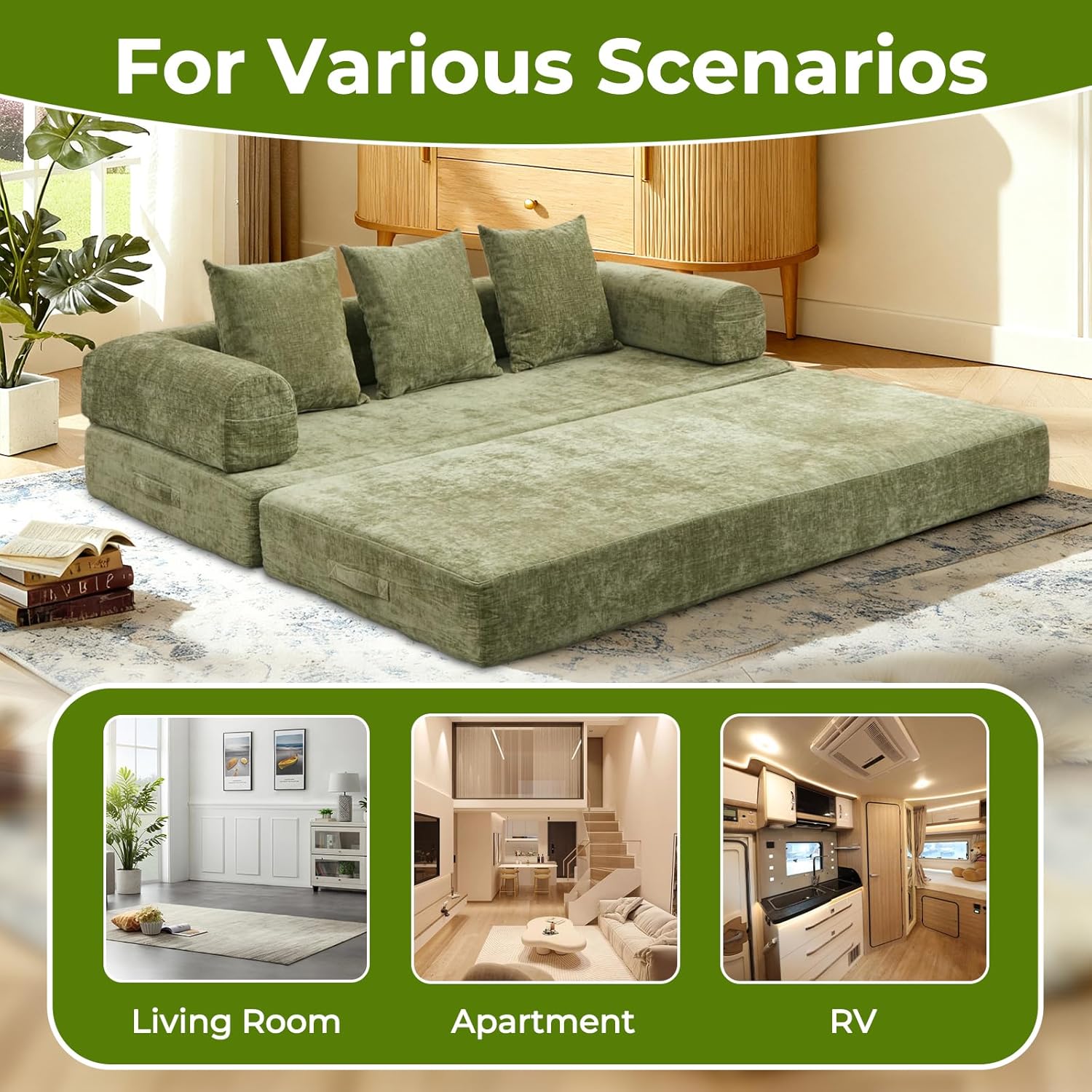 Saiveina Convertible Floor Sofa Bed, Chenille Fabric Folding Mattress Couch with Armrest and Pillows, No Assembly Space-Saving Floor Lounge Couch for Living Room, Bedroom, Studio(Green)