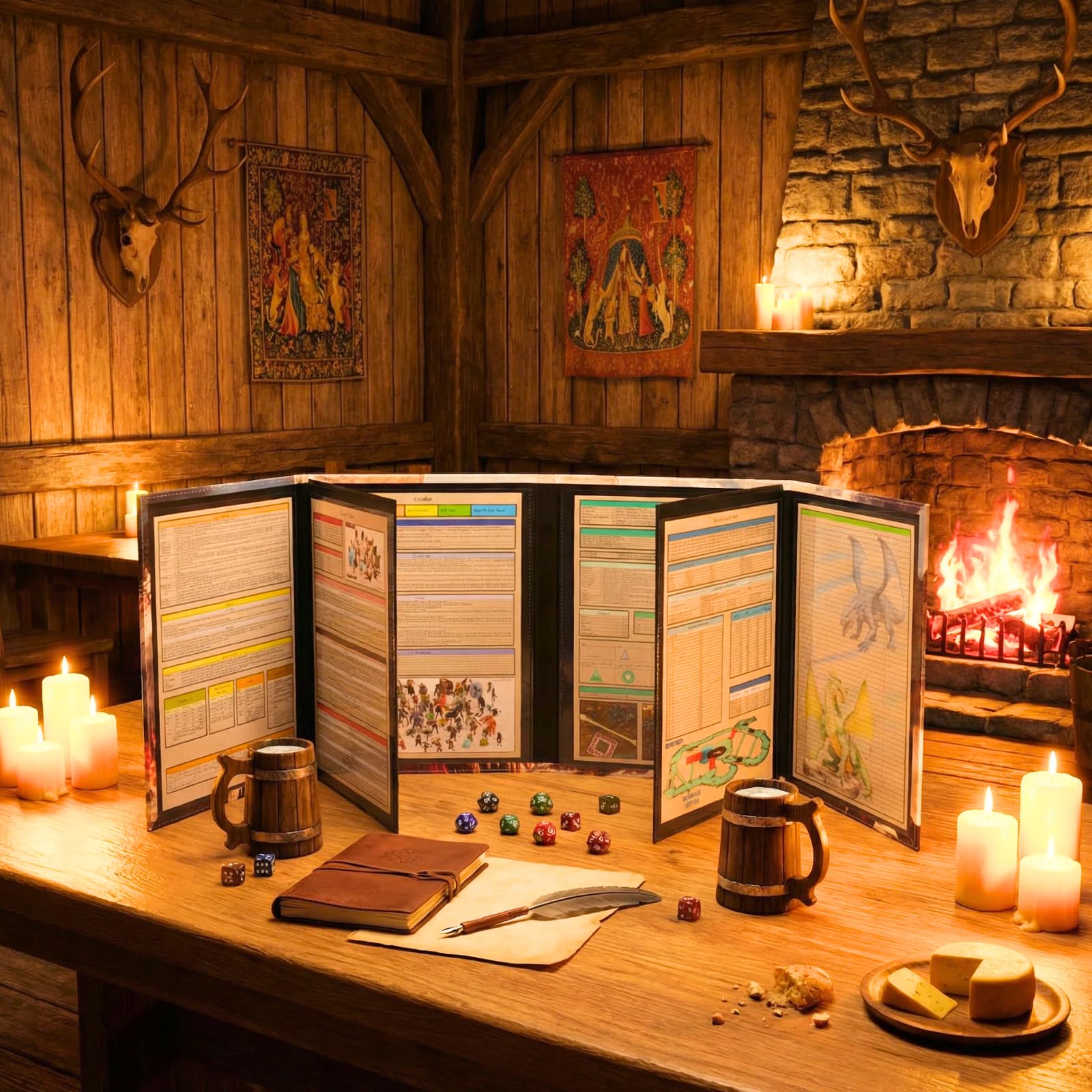 DND 5e DM ekran 8-panelowy sztuczna skóra deluxe z kołyszącymi się kieszeniami na mokro i Dungeon Master Cheat Sheets Dungeons and Dragons GM Terrain Accessories D&D prezent dla mistrzów gier TTRPG