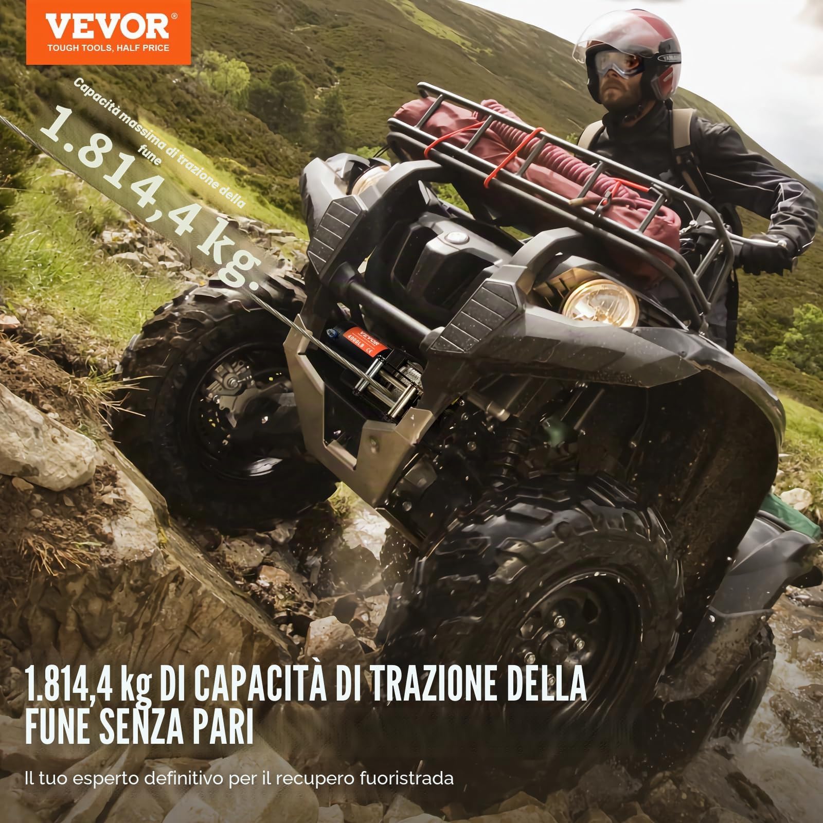 VEVOR Verricello Elettrico ATV UTV, capacità tiro 1814kg, 12 V CC, Cavo in Acciaio a 7 Fili Φ0,5 x 118,7 cm, Telecomando Wireless cablato, Impermeabile IP55, Verricello per Traino ATV UTV