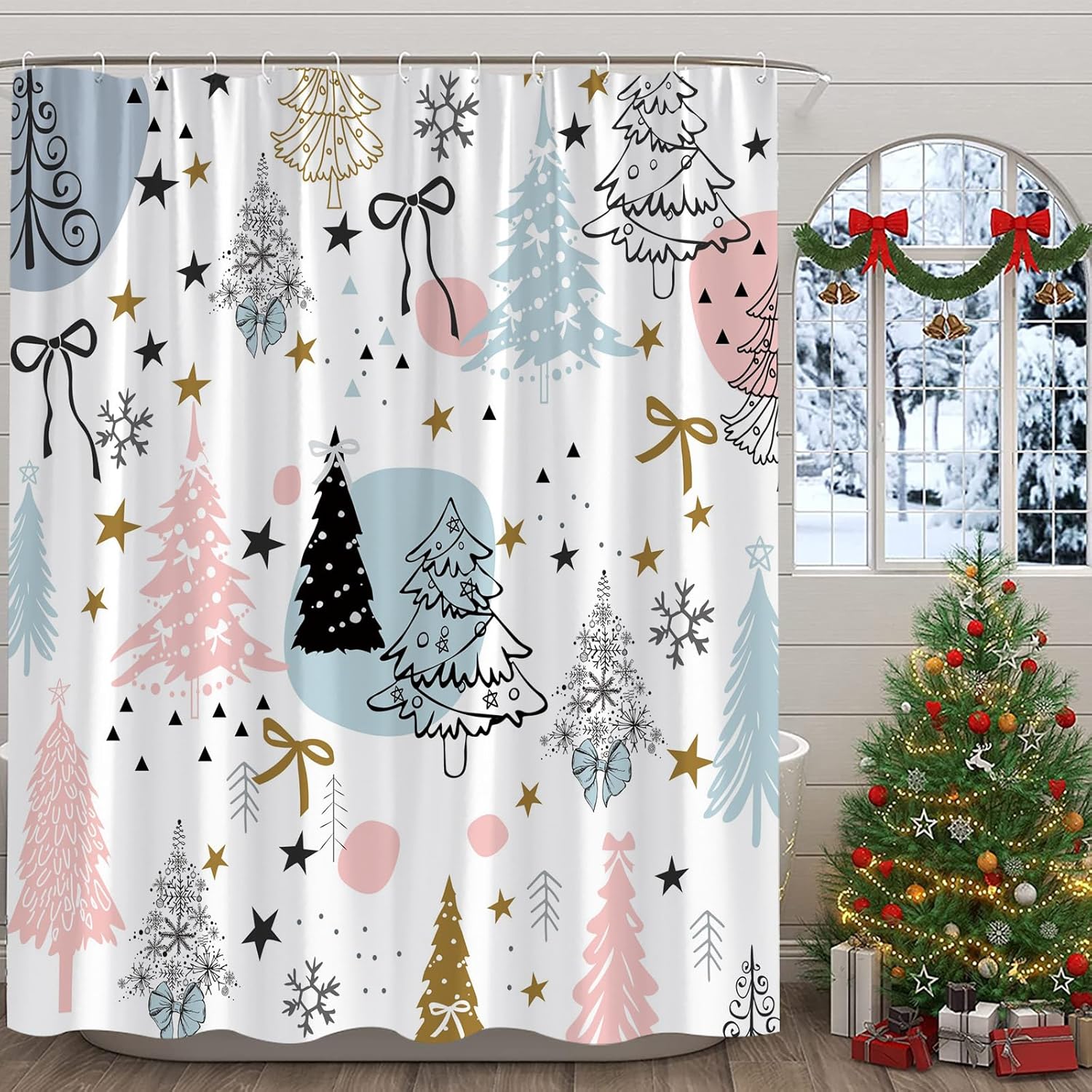 Christmas Extra Long Shower Curtain,Xmas Tree Bow Snowflake Winter Festival Pink Blue Bathroom Home Curtain Decor with Hooks,70x84 Inch