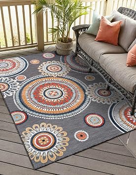 Unique Loom Outdoor Botanical Collection Area Rug - Spiral (2' 2" x 3' 1" Rectangle Black/Light Blue)