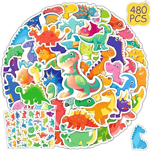 Paquete de 480 calcomanías de dinosaurio para botellas de agua para niños y adultos, vinilo impermeable, lindas calcomanías de dinosaurio,