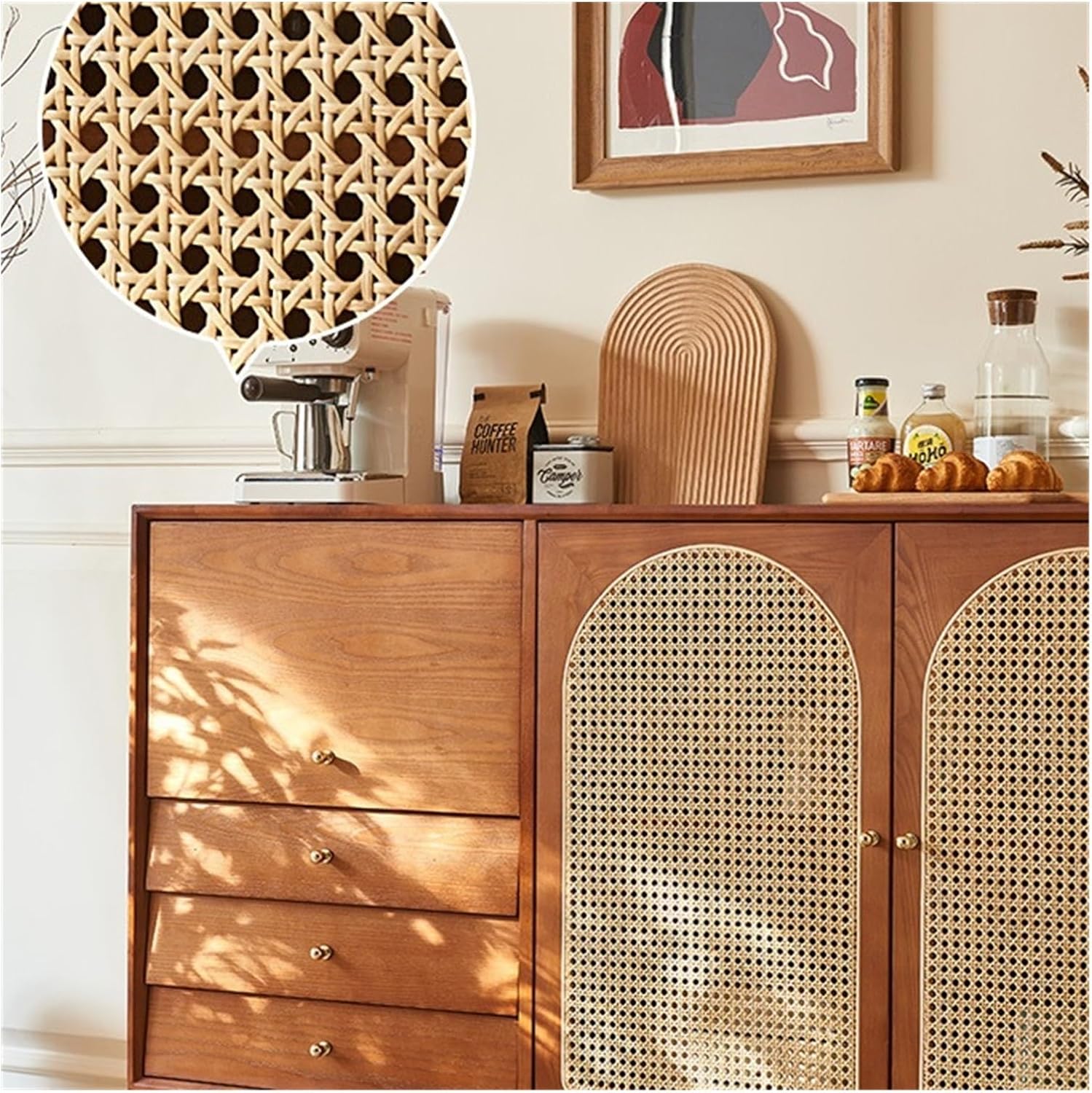 Buffet Cabinet Solid Wood Rattan Sideboard Living Room Storage Cabinet Entryway Pantry Kitchen Cabinet