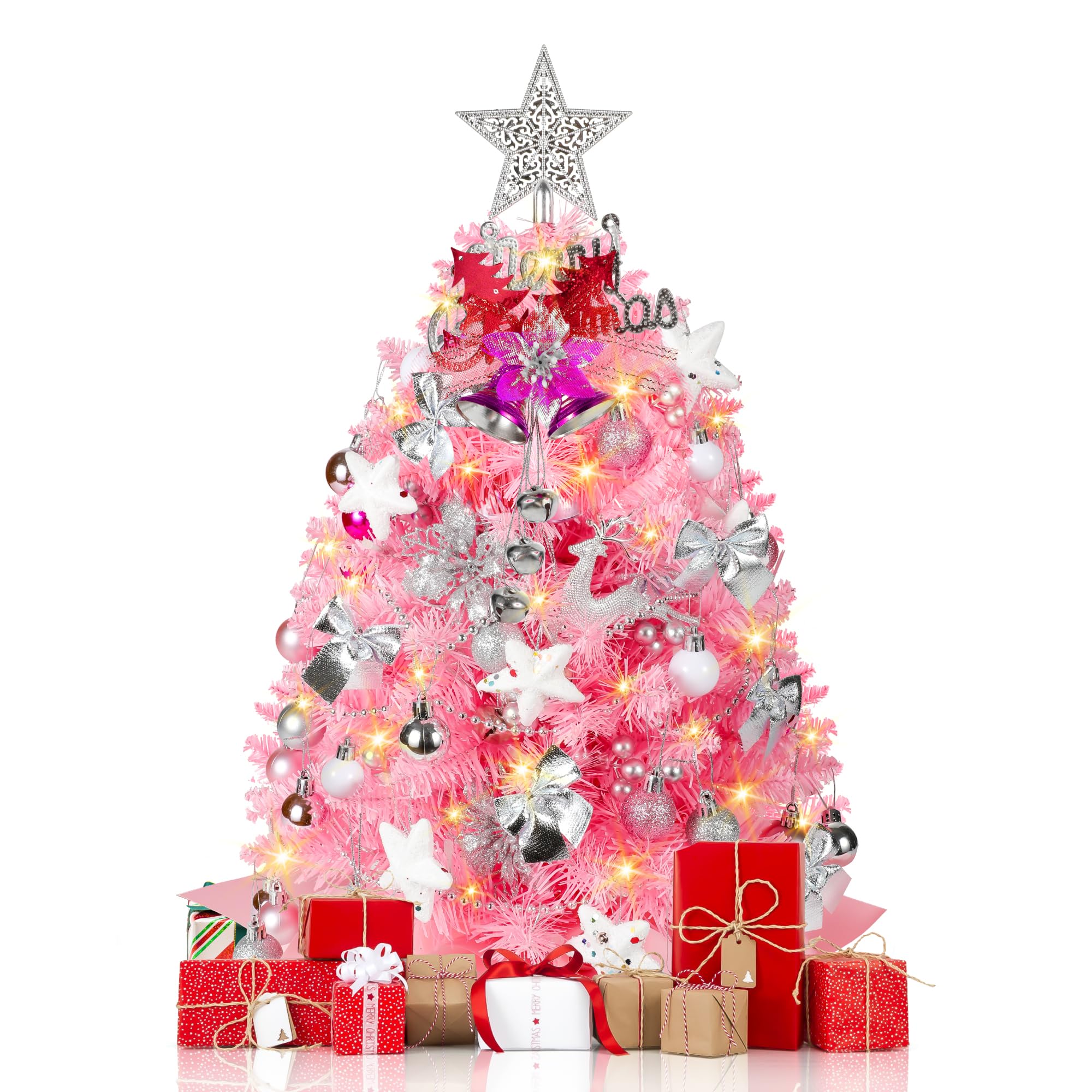 Pink Christmas Tree, 2FT Mini Artificial Christmas Tree, 100 Lifelike Branches, 60 Twinkle LED Lights, 70 Ornaments, 24 Inches Tabletop Prelit Small Christmas Tree for Holiday Indoor DIY Decor