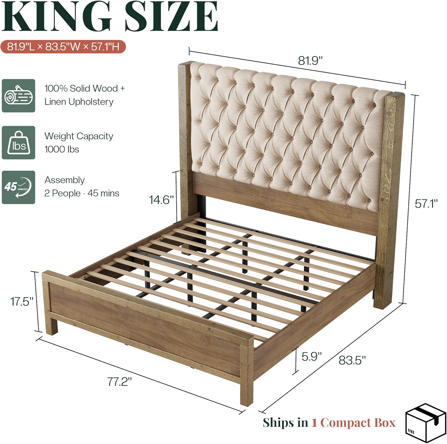 Jocisland Solid Wood King Size Bed Frame, 57" Tall Farmhouse Platform Beds, Upholstered Line Wingback Headboard, Deep Button Tufted, No Box Spring Needed, Easy Assembly, Gray Wash