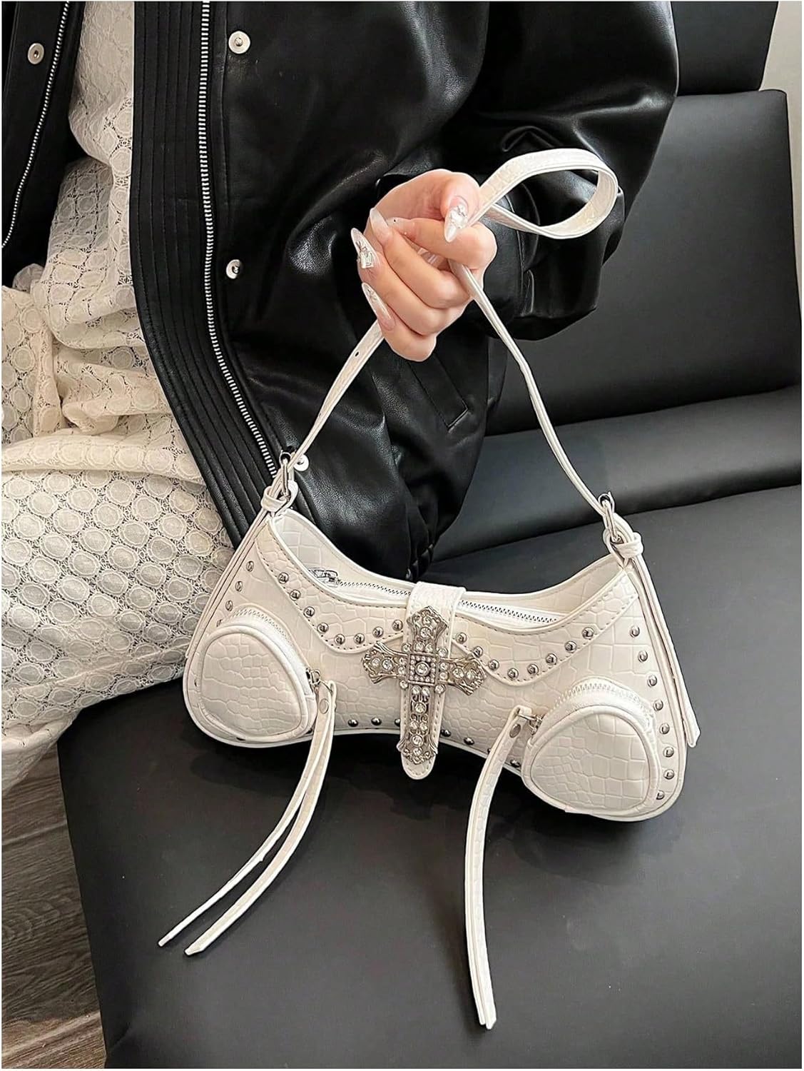Verdusa Women's Y2k Studded Cross Shoulder Handbags Punk Top Handle Crescent Underarm Bags