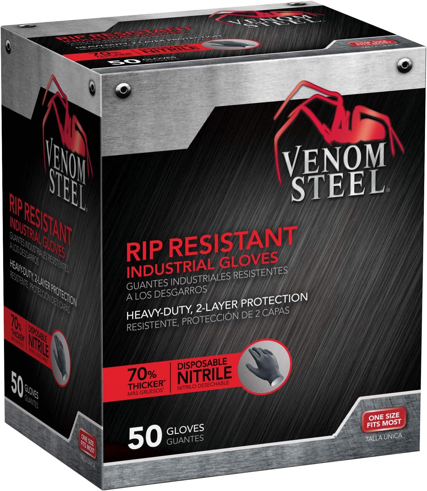 Medline VEN6045R Venom Steel Premium Industrial Black Nitrile Gloves (Pack of 50) (VEN6045N)