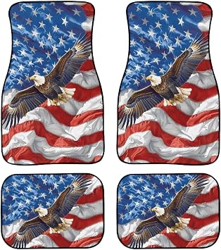 Forchrinse American Flag Eagle Car Floor Mat for Independence Day 4 Pieces Front and Rear Full Set with Rubber Backing Carpets All Weather