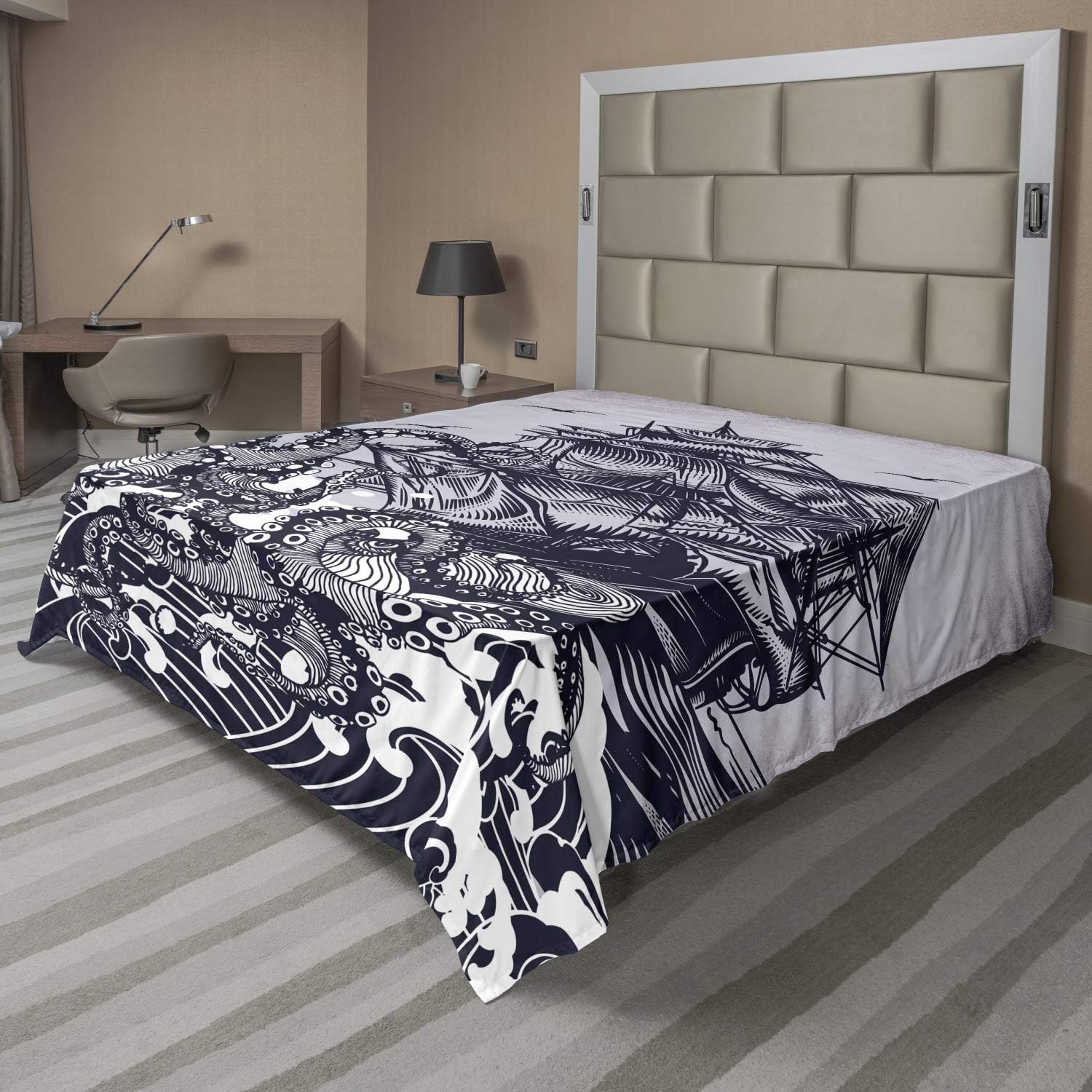 Ambesonne Nautical Flat Sheet, Kraken Octopus Tentacles Ship Sail Old Boat in Ocean Waves, Soft Comfortable Top Sheet Decorative Bedding 1 Piece, Queen Size, Indigo Purpleblue