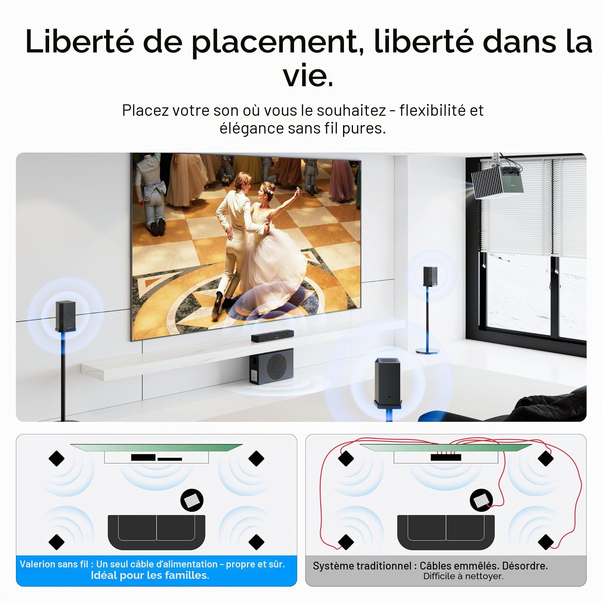 Valerion Enceinte Centrale sans Fil ThunderBeat, Puissance 120 W, Amélioration Vocale Adaptative, Latence Ultra-Faible < 30 ms, Système Audio Home Cinéma (Système Surround Requis)