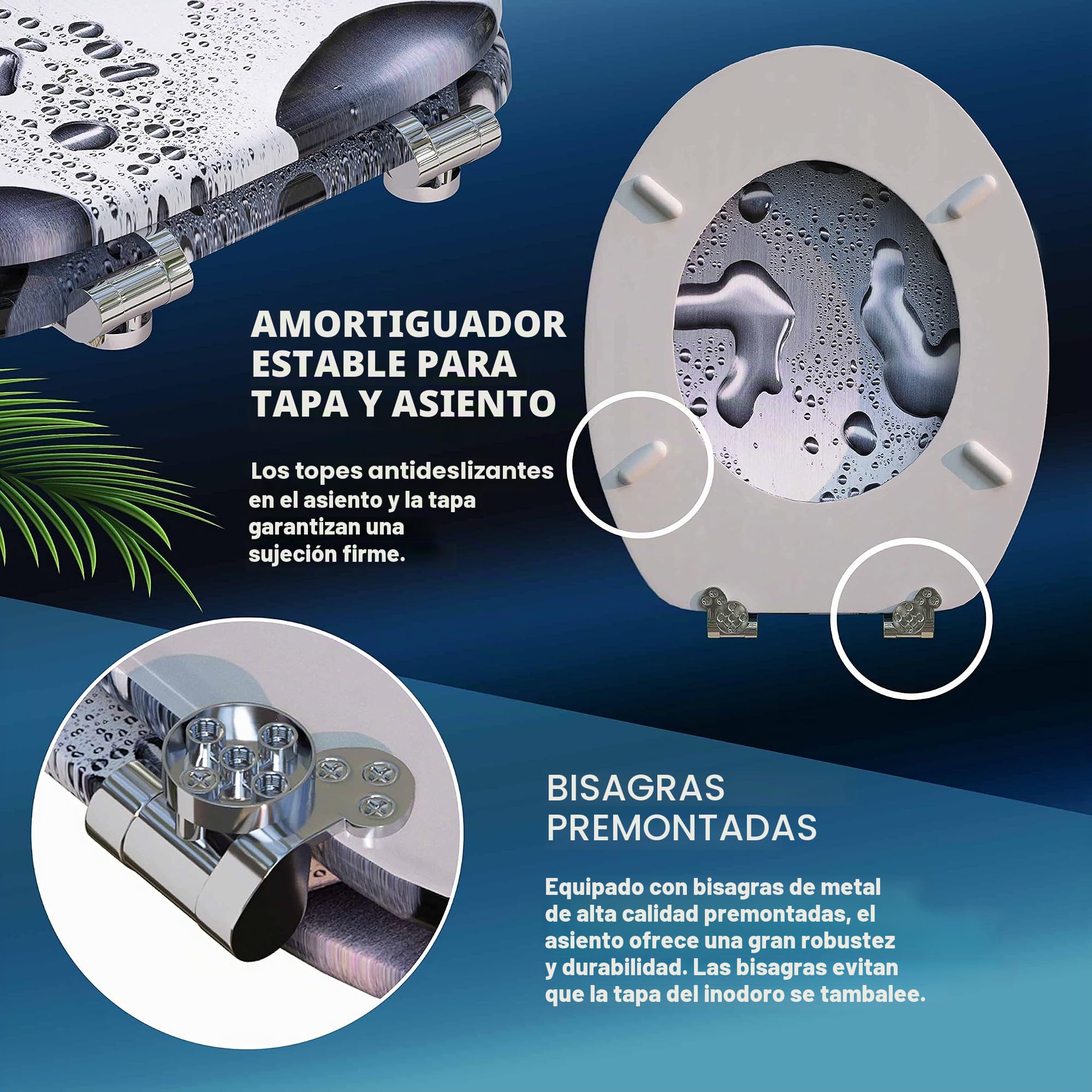 CASARIA® Asiento Inodoro, Tapa WC, Madera MDF, Tapas WC Universal Water, Tapadera Cierre Suave Doble Automático, 175Kg, Antibacteriano, Accesorios Baño, Gotas