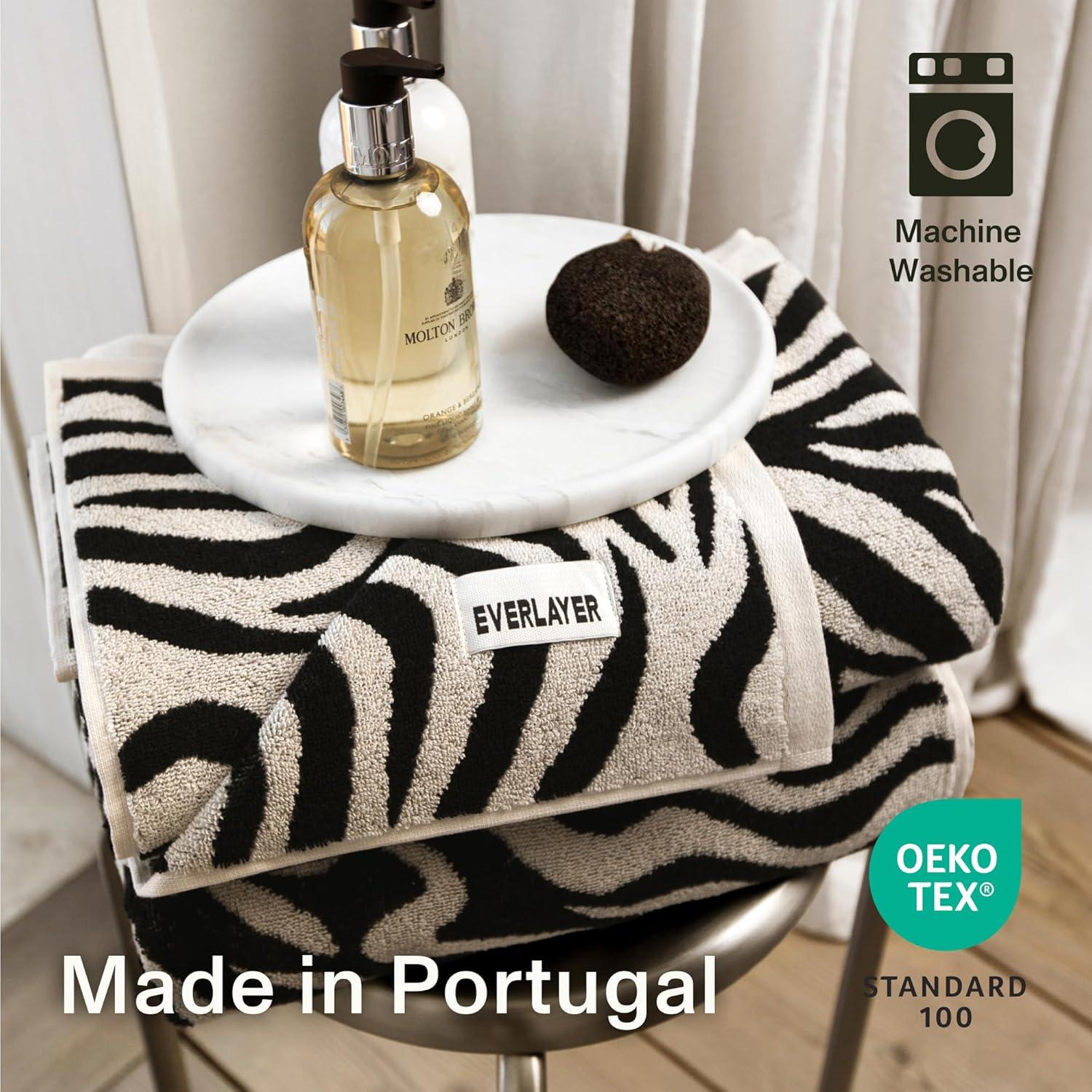Everlayer Luxury Hand Towels - Oversized, 20"x 39", Set of 2, 500 GSM - 100% Combed Cotton, Ultra Soft, Thick & Plush Hand Towels, Made in Portugal (Black Allover - Zebra)
