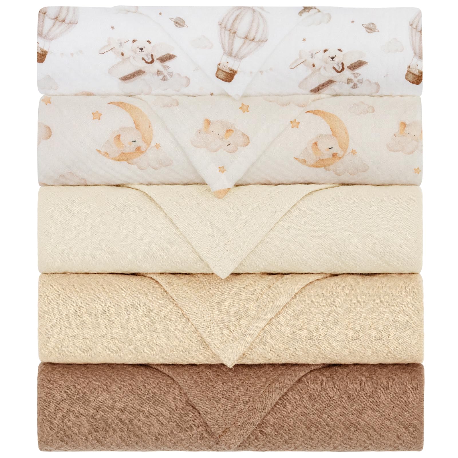 Yukkidds Muslin Cloths for Baby Large 60x60cm Burp Cloths for Newborn 100% Cotton Soft & Breathable Muslin Squares Baby Essentials for Boys Girls 5 Pack Brown Balloon