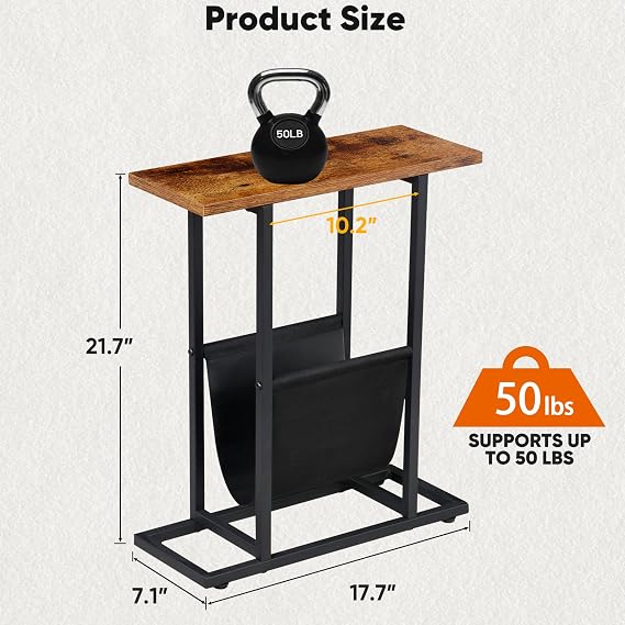 ZENY Small Narrow Side Table for Small Spaces, Slim End Table Magazine Table, Skinny Snack Couch Bedside Table, Nightstand with Storage Holder, Rustic Brown