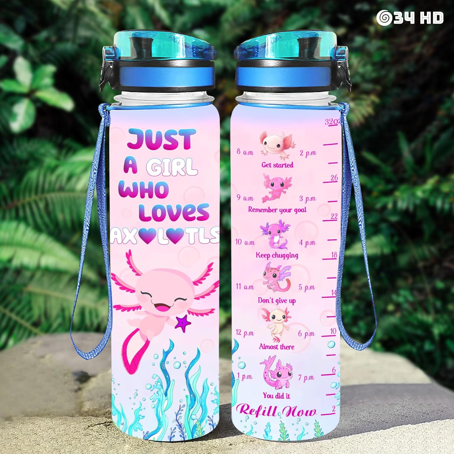 34HD Axolotl Gifts for Girls, 32 oz Water Bottle with Times to Drink, Motivational Tritan Frosted Water Bottle with Strap, Perfect Valentine Day or Birthday Present for Him Her - Image 3