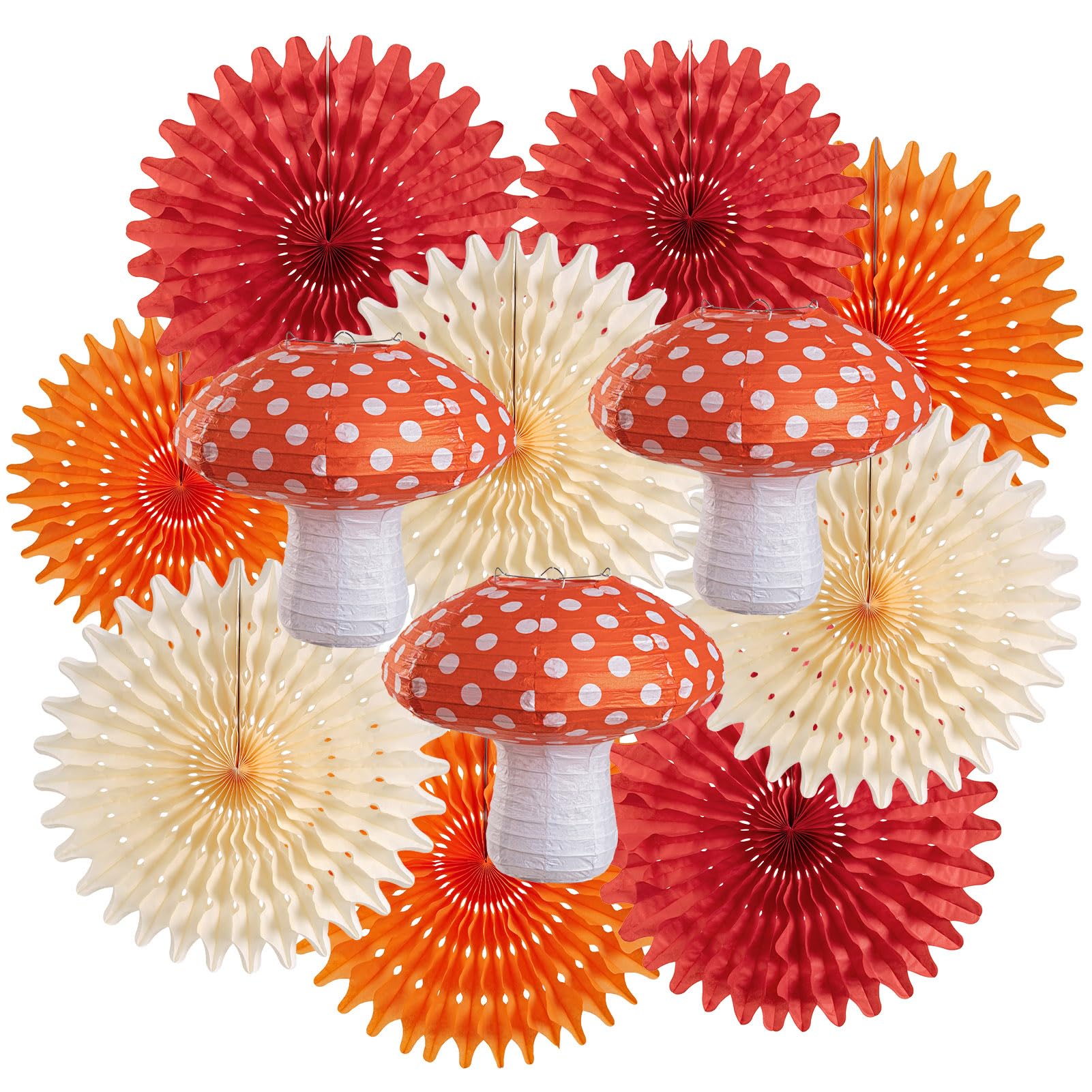 Homarkable Mushroom Paper Lanterns Paper Fans, Mushroom Party Decorations, with 3 Mushroom Lanterns 12 Inches, Red Orange Paper Fans, Honeycomb Party Decorations for Nursery Garden Forest Party