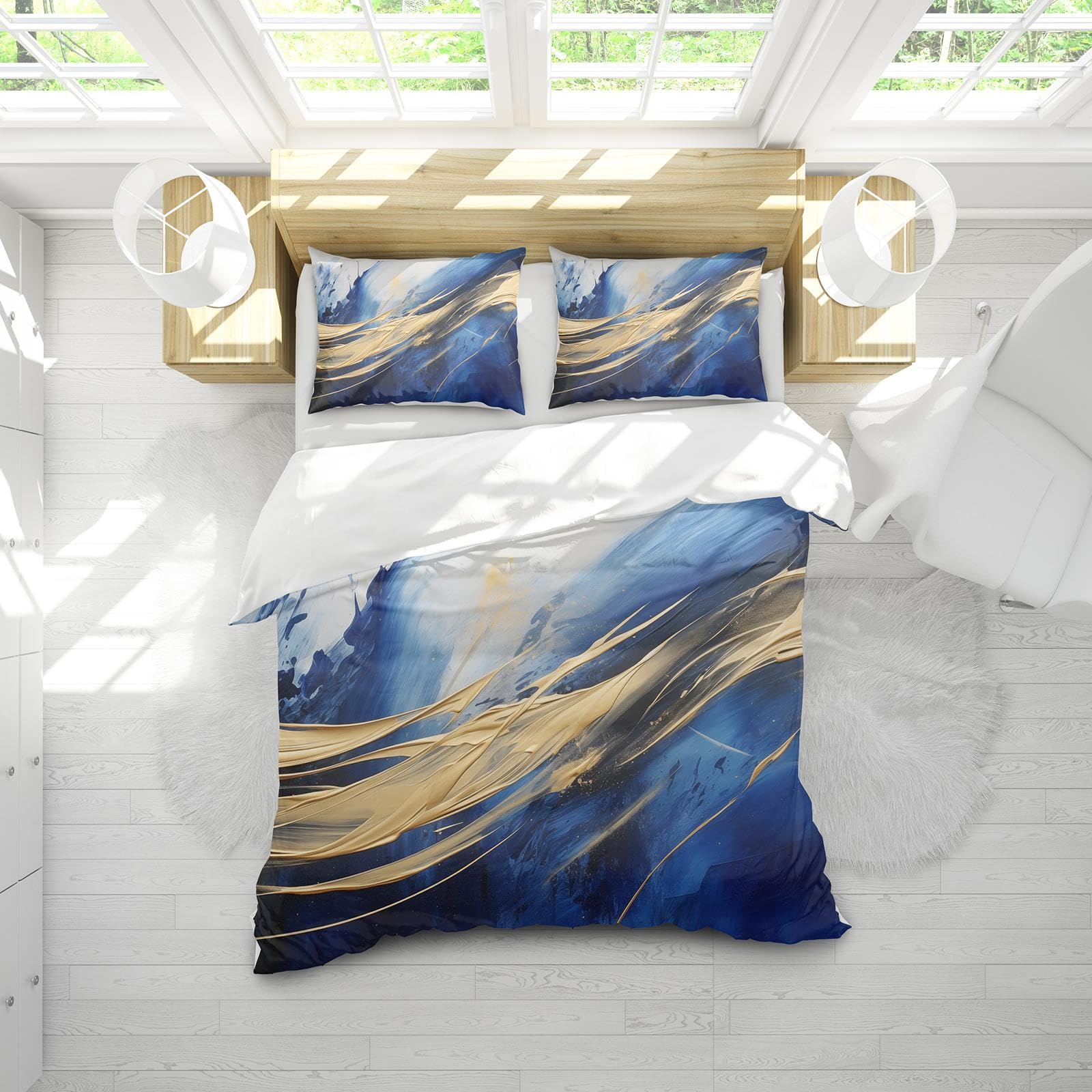 Parure de Lit de Luxe Nordique Bleu et Or | Housse de Couette Marbre 240x260