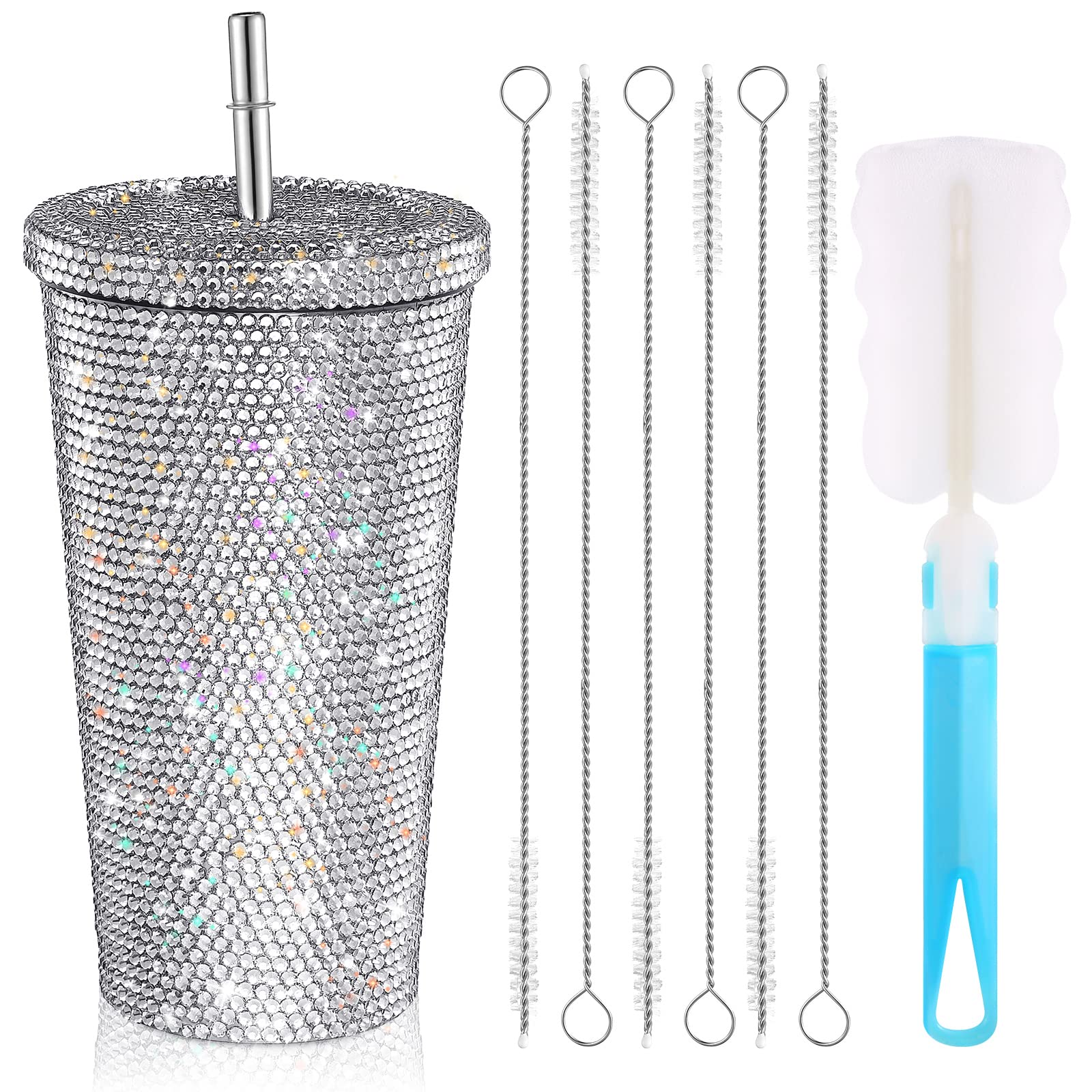 Studded Bling Diamond Tumbler Glitter Water Bottle with Lid Stainless Steel Vacuum Thermal Straw Rhinestone Tumbler with 1 Pcs Cup Brush 6 Pcs Straw Brushes for Women(16.9 oz,White)