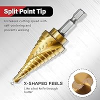 Vista 3 de Juego de 3 brocas escalonadas, vástago hexagonal de 1/4 pulgadas, acero de alta velocidad, broca ranurada en espiral para perforación de agujeros