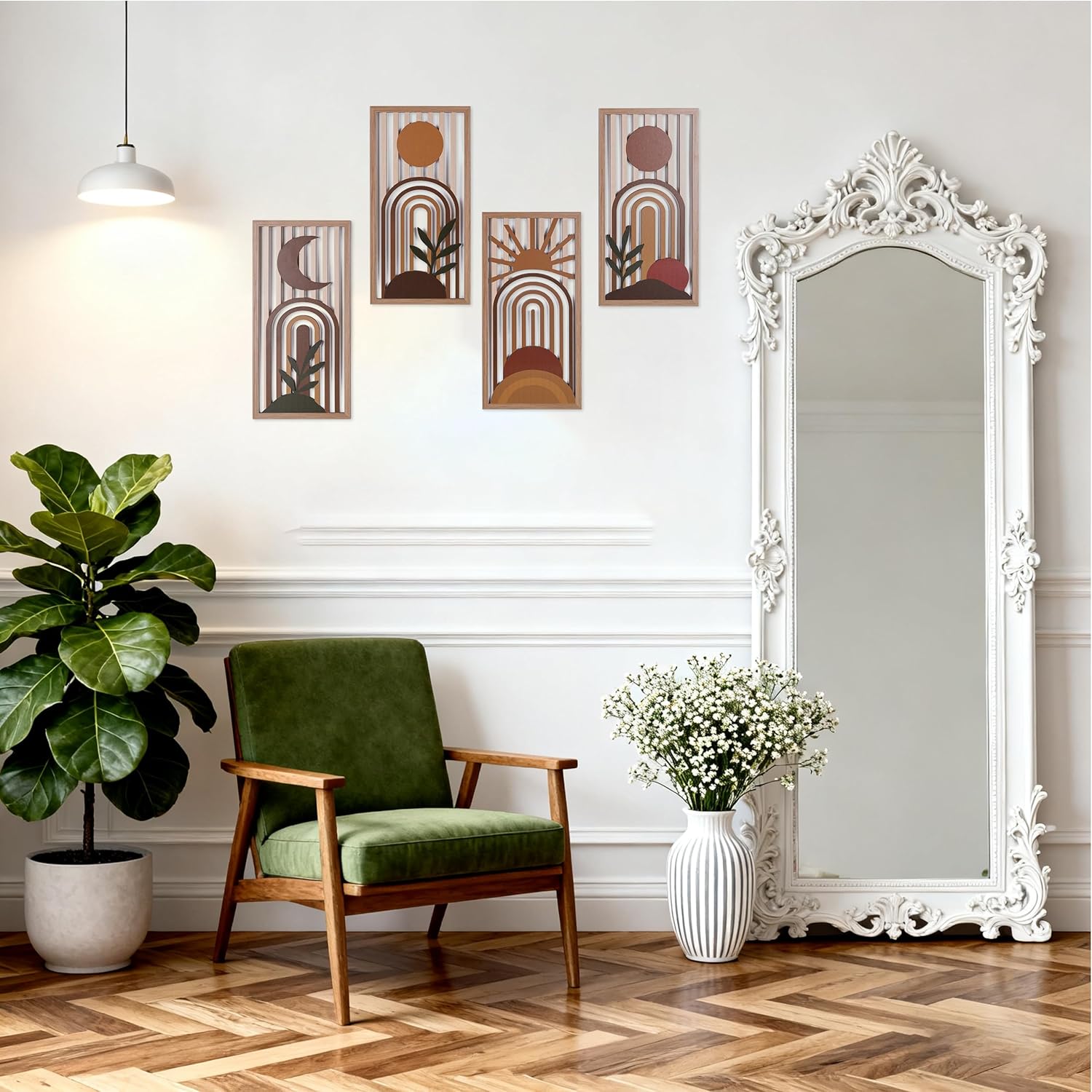 Boho Wall Art Set of 4, Terracotta Wall Decor & Burnt Orange Bedroom Decor, Orange Modern Wall Art with Arch/Botanical Design - Mid-Century 3D Wooden Abstract Geometric Artwork for Home Living Room Office(C)