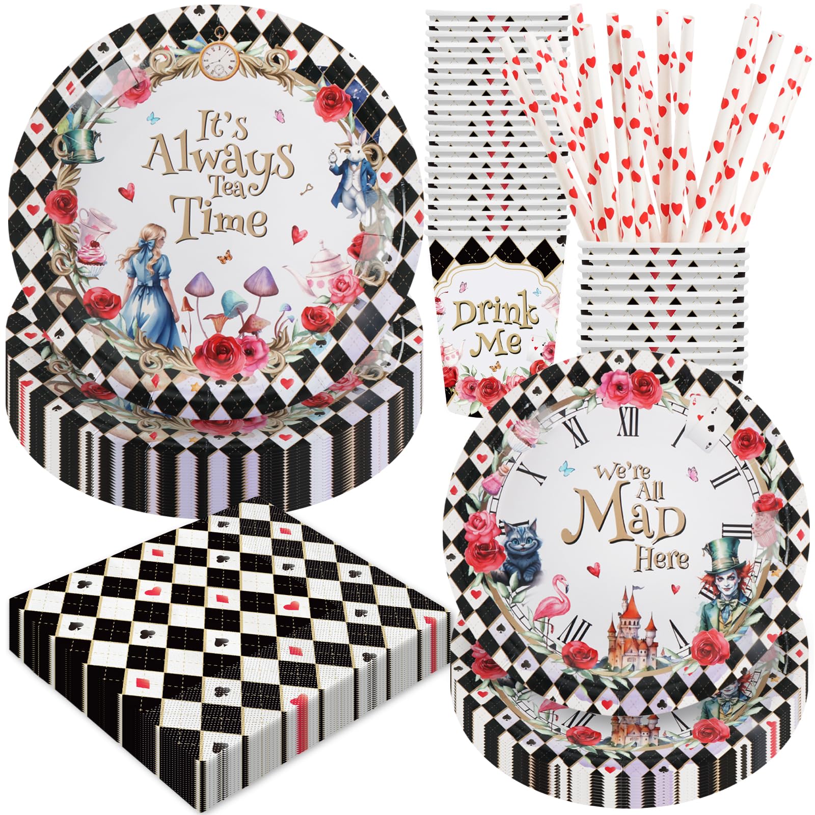Alice in Wonderland Birthday Party Decorations, 120Pcs Tea Themed Party Supplies Tableware Includes Paper Plates, Napkins, Cups and Straws, Serves 24