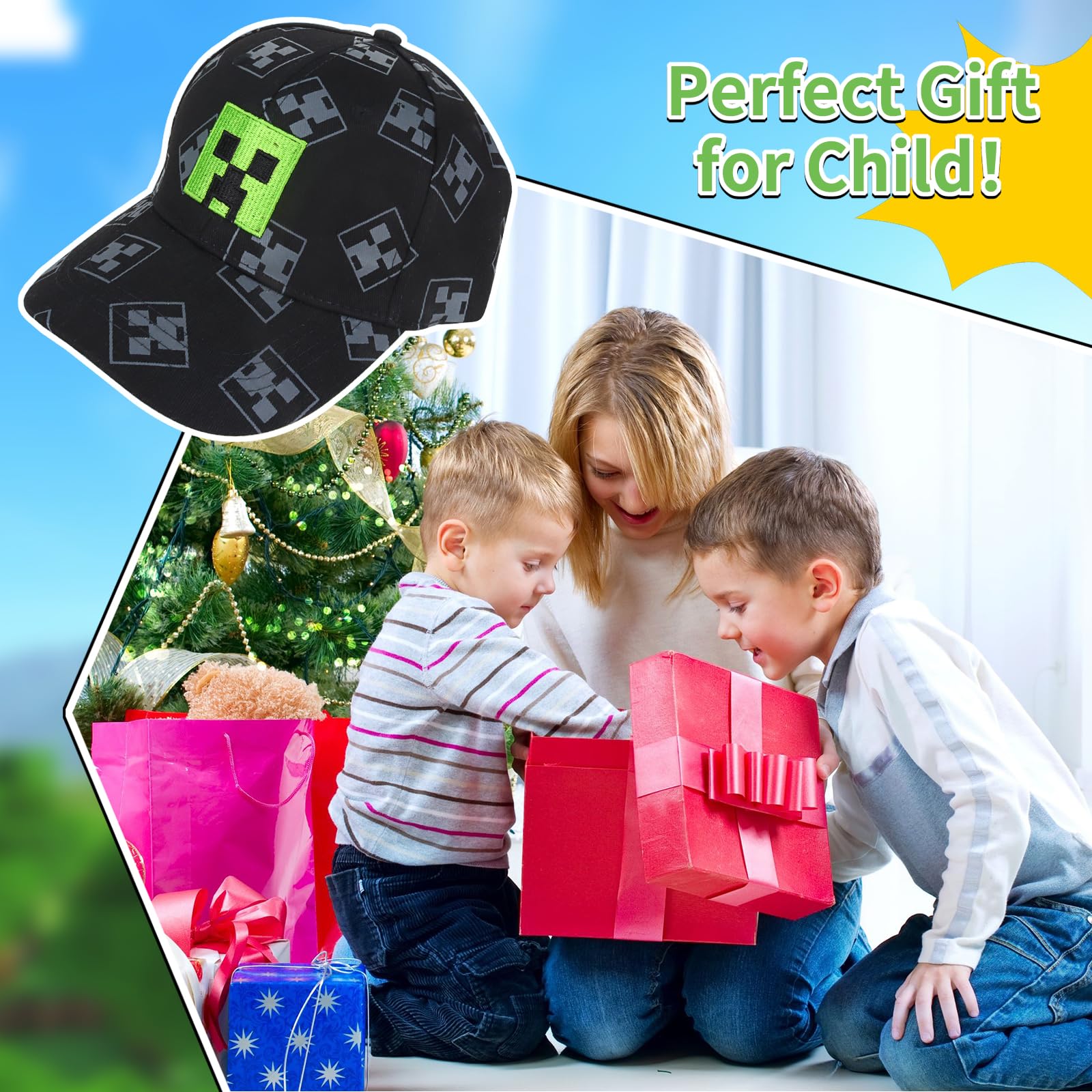Cartoon Baseball Cap Kinder Snapback Kappe, Jungen Baseballmütze Sonnenmütze, Miner Outdoor Sports Casual Baseballmütze, Pixelig Grid Sonnenhut