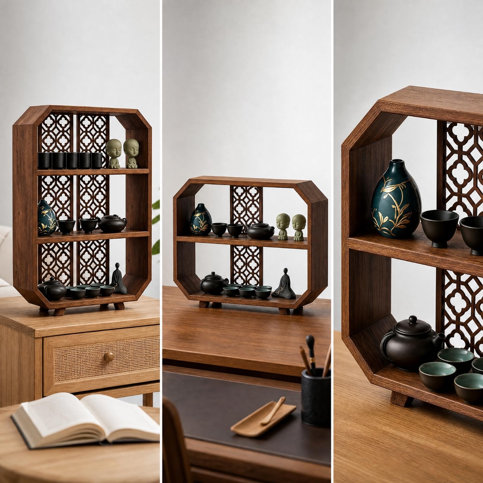 Baoblaze Étagère à Thé en Bois Carbonisé Polyvalent Présentoir Octogonal à Étagères Stable Meuble Miniature en Bois Quatre Pieds pr lon, 35x10x47cm
