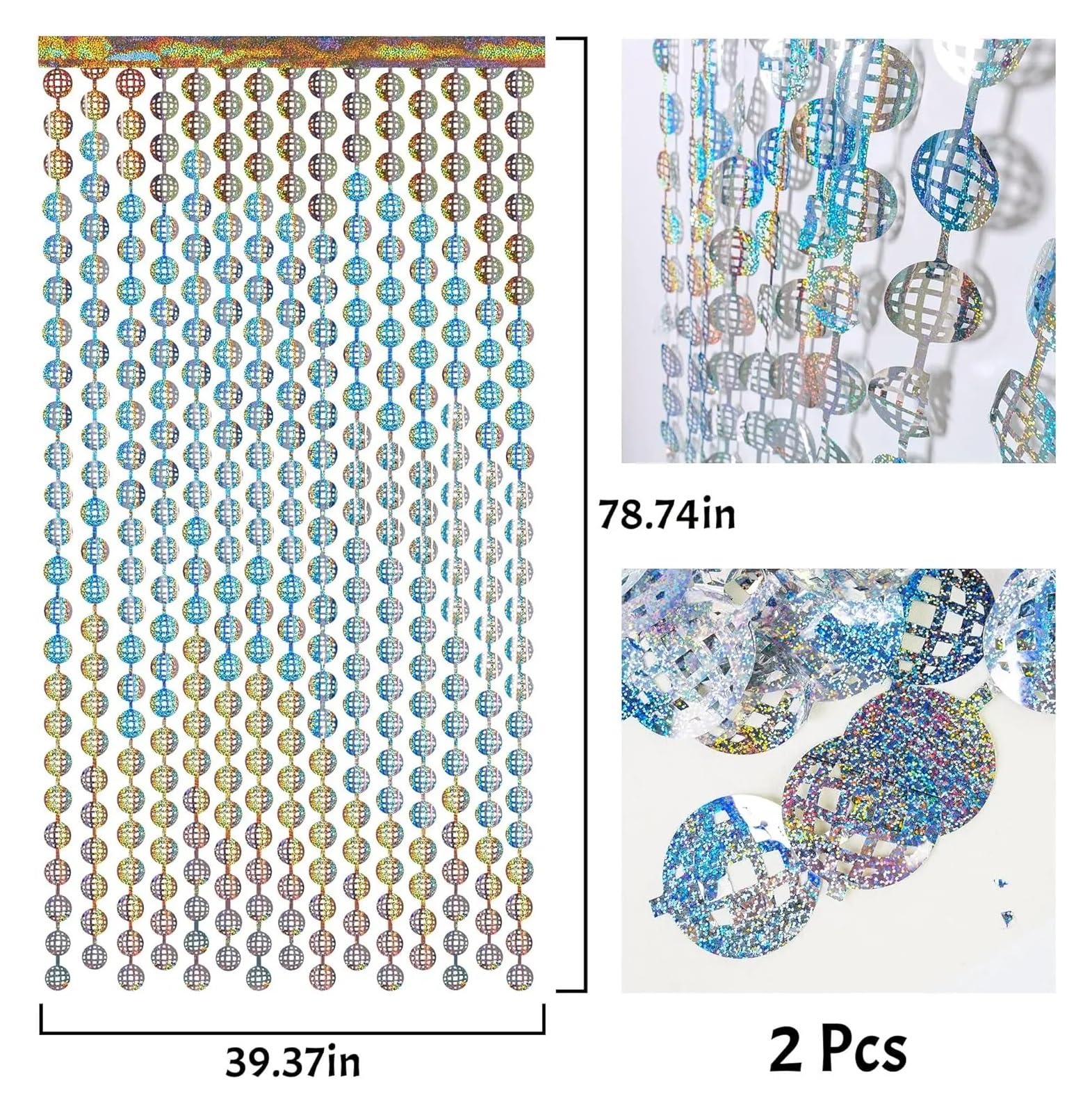 Décorations de Rideaux en Papier d'aluminium, Rideau à Franges en guirlandes, Toile de Fond for Photos, for soirées Disco des années 70 et 80, Argent, Paquet 3(Round Curtain,2Pack)