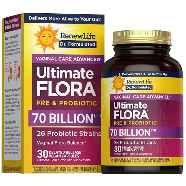 Renew Life Ultimate Flora Probiotics for Women 70 Billion CFU | 30 Delayed Release Vegan Capsules | Doctor Formulated | Vaginal Flora Balance | Dairy Free 1