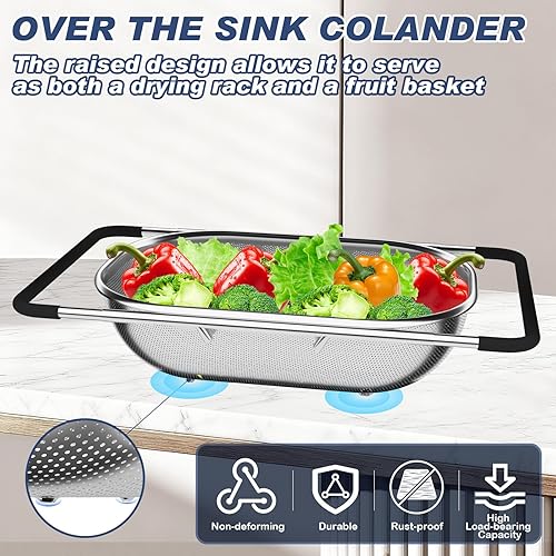 Miniatura 2 de Colador grande de acero inoxidable Colador sobre el fregadero con asas expandibles para lavar verduras y pasta