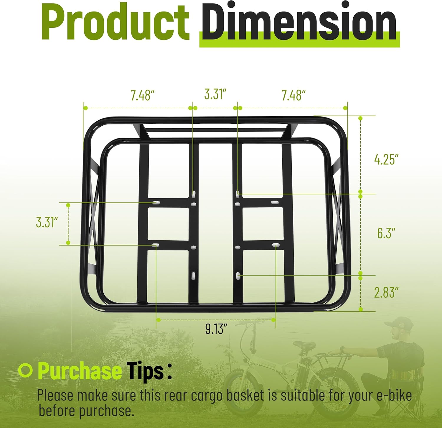 HECASA Upgraded Ebike Basket Rear, Waterproof Steel Electric Bicycle Basket, Large Capacity Rear Bike Cargo Rack for Picnic, Pet and Sports, Easy to Assemble